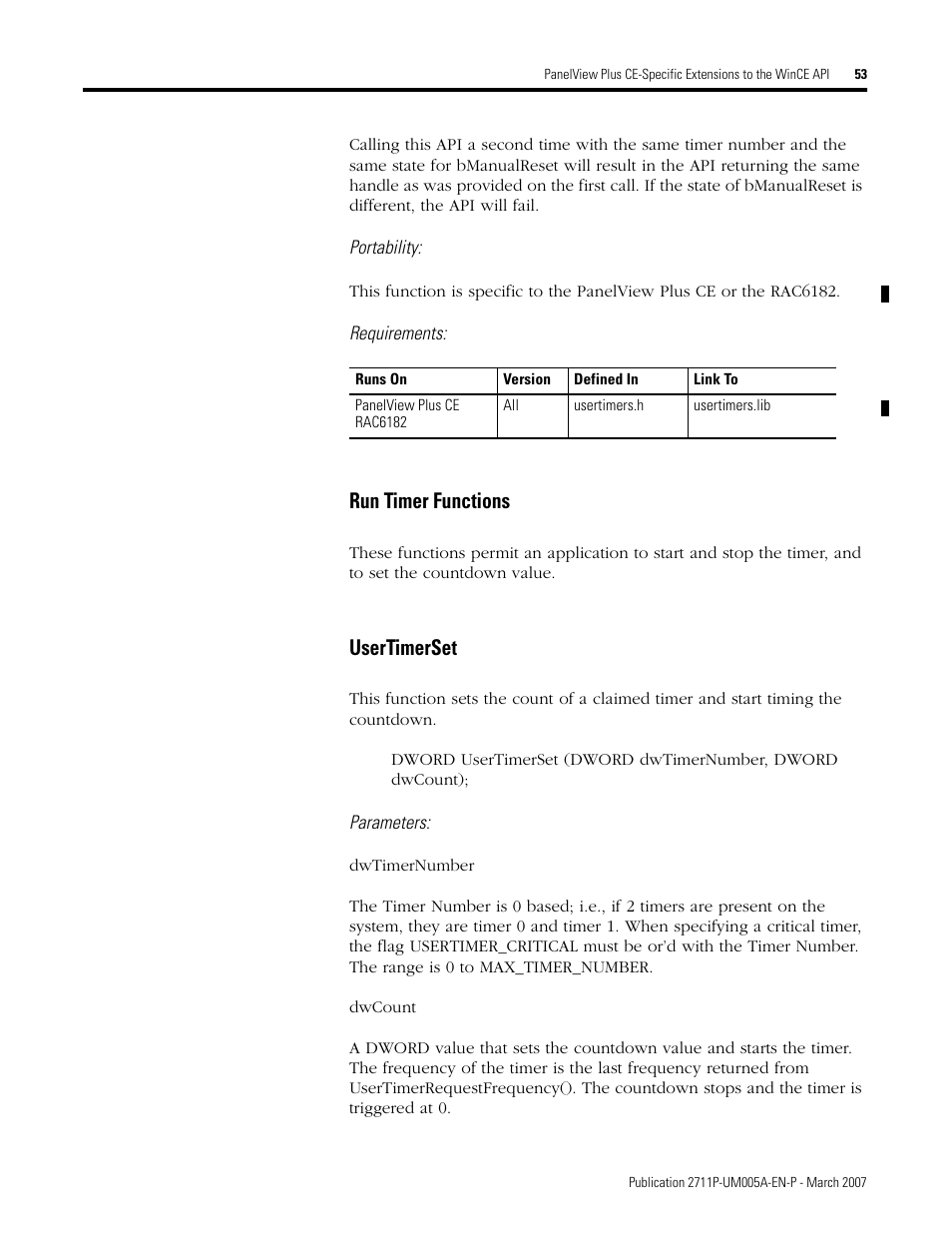 Run timer functions, Usertimerset, Run timer functions usertimerset | Rockwell Automation 2711P Software Development Kit User Manual User Manual | Page 53 / 104