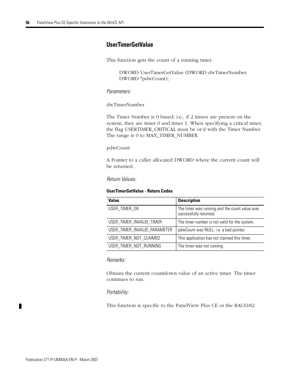 Usertimergetvalue | Rockwell Automation 2711P Software Development Kit User Manual User Manual | Page 56 / 104