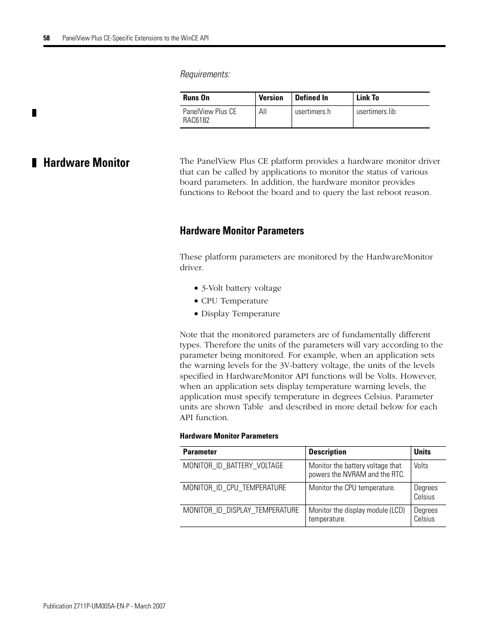 Hardware monitor, Hardware monitor parameters | Rockwell Automation 2711P Software Development Kit User Manual User Manual | Page 58 / 104