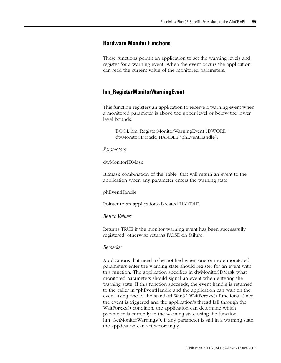 Hardware monitor functions, Hm_registermonitorwarningevent | Rockwell Automation 2711P Software Development Kit User Manual User Manual | Page 59 / 104