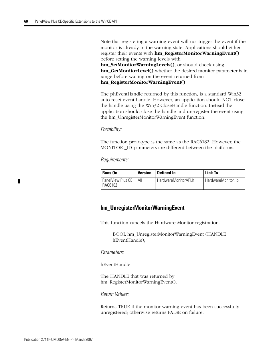 Hm_unregistermonitorwarningevent | Rockwell Automation 2711P Software Development Kit User Manual User Manual | Page 60 / 104