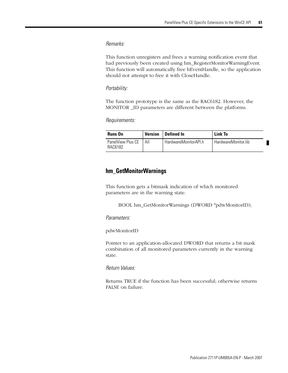 Hm_getmonitorwarnings | Rockwell Automation 2711P Software Development Kit User Manual User Manual | Page 61 / 104