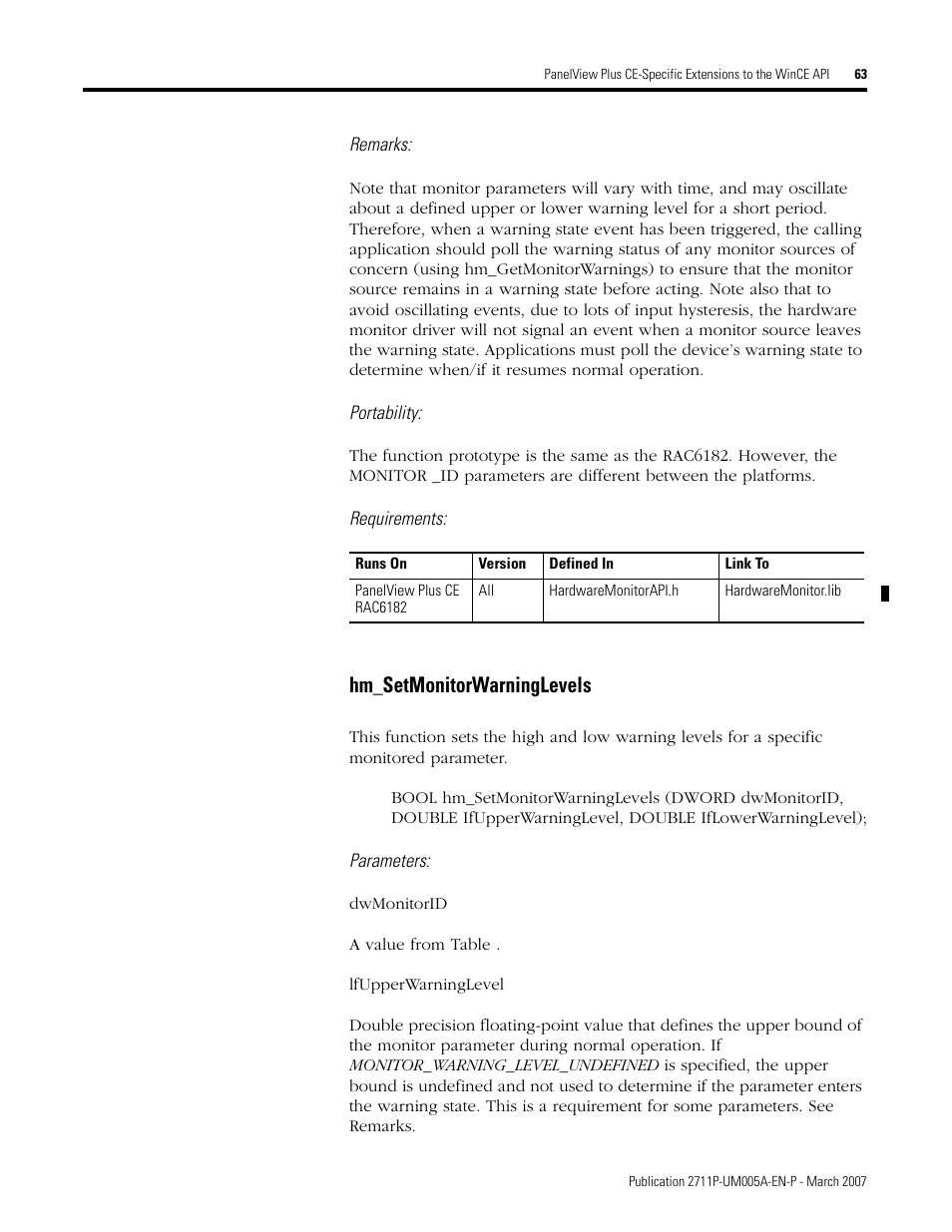 Hm_setmonitorwarninglevels | Rockwell Automation 2711P Software Development Kit User Manual User Manual | Page 63 / 104