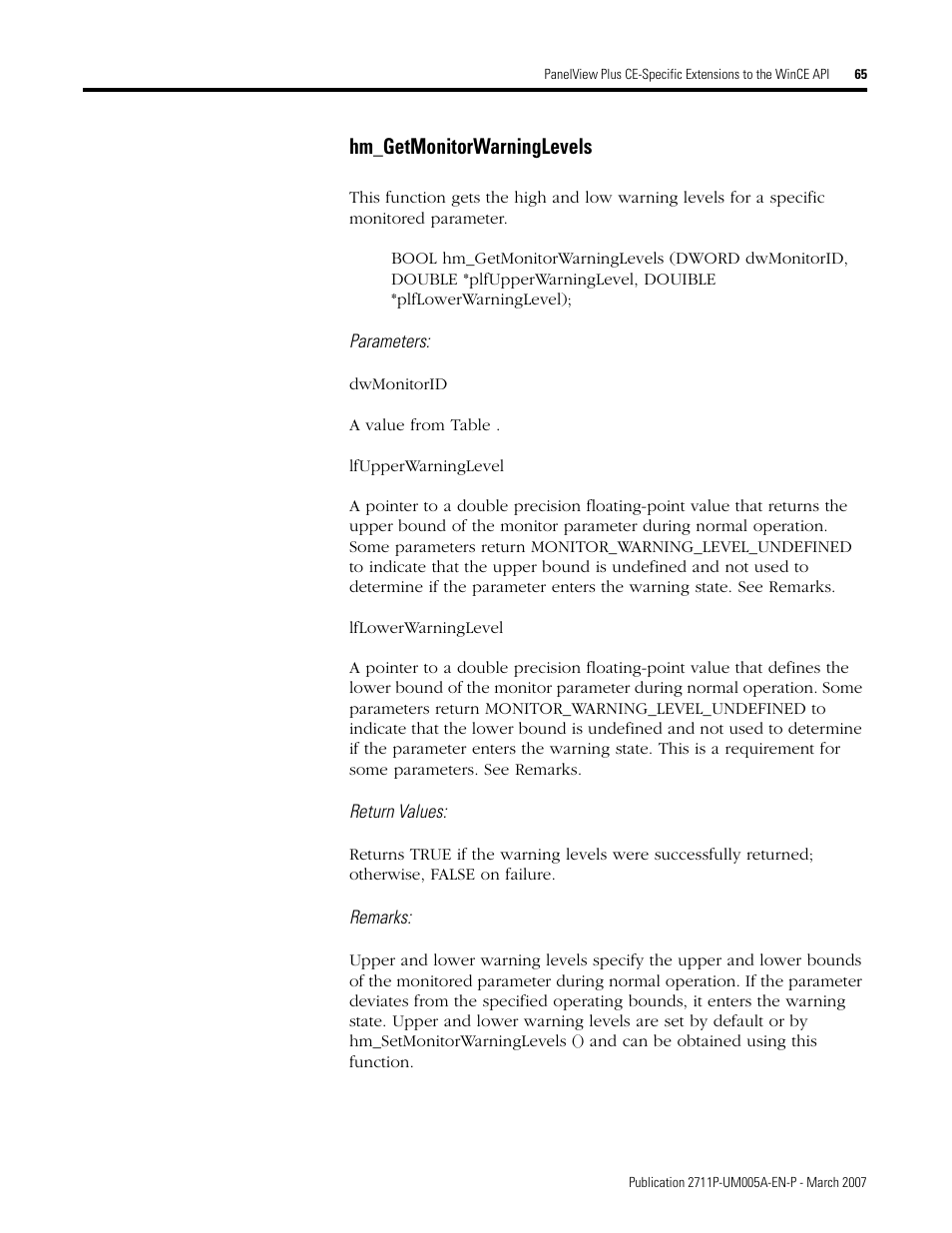 Hm_getmonitorwarninglevels | Rockwell Automation 2711P Software Development Kit User Manual User Manual | Page 65 / 104