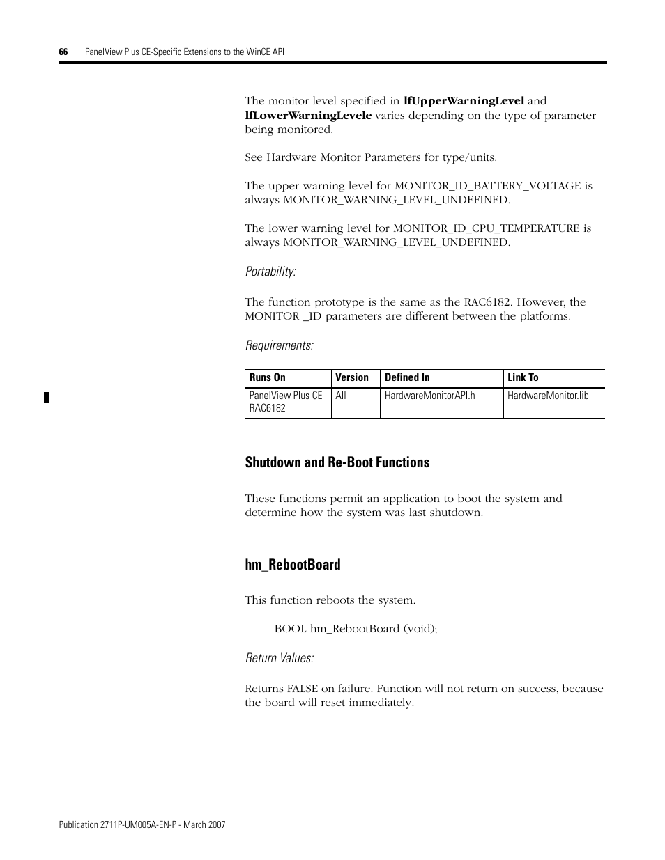 Shutdown and re-boot functions, Hm_rebootboard, Shutdown and re-boot functions hm_rebootboard | Rockwell Automation 2711P Software Development Kit User Manual User Manual | Page 66 / 104