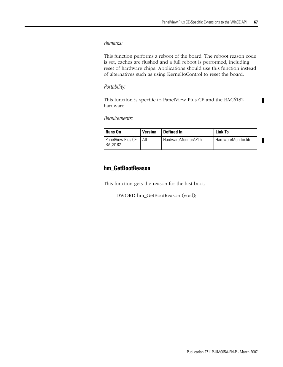 Hm_getbootreason | Rockwell Automation 2711P Software Development Kit User Manual User Manual | Page 67 / 104