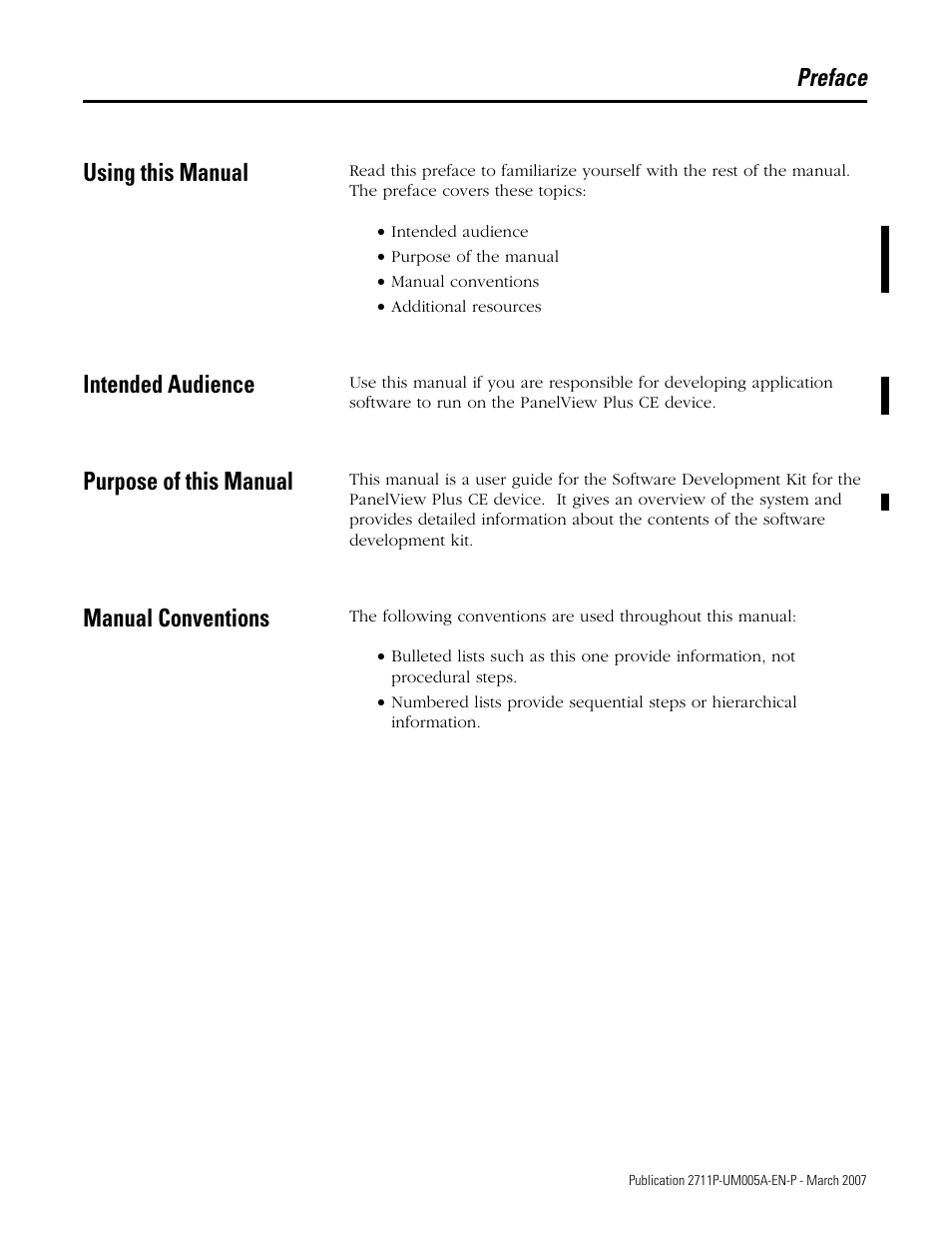 Using this manual, Intended audience, Purpose of this manual | Manual conventions, Preface, Preface using this manual | Rockwell Automation 2711P Software Development Kit User Manual User Manual | Page 7 / 104