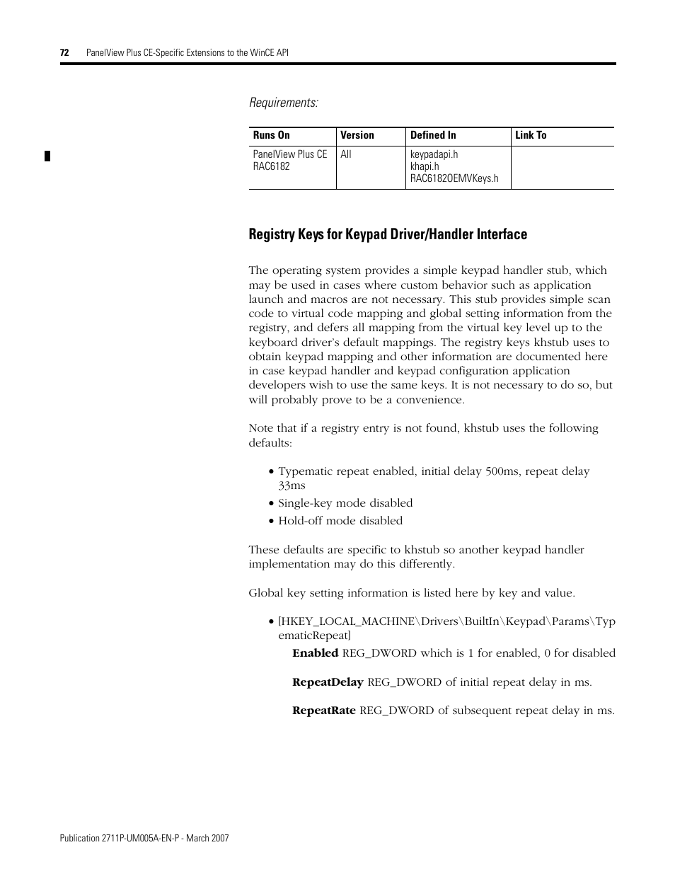 Registry keys for keypad driver/handler interface | Rockwell Automation 2711P Software Development Kit User Manual User Manual | Page 72 / 104