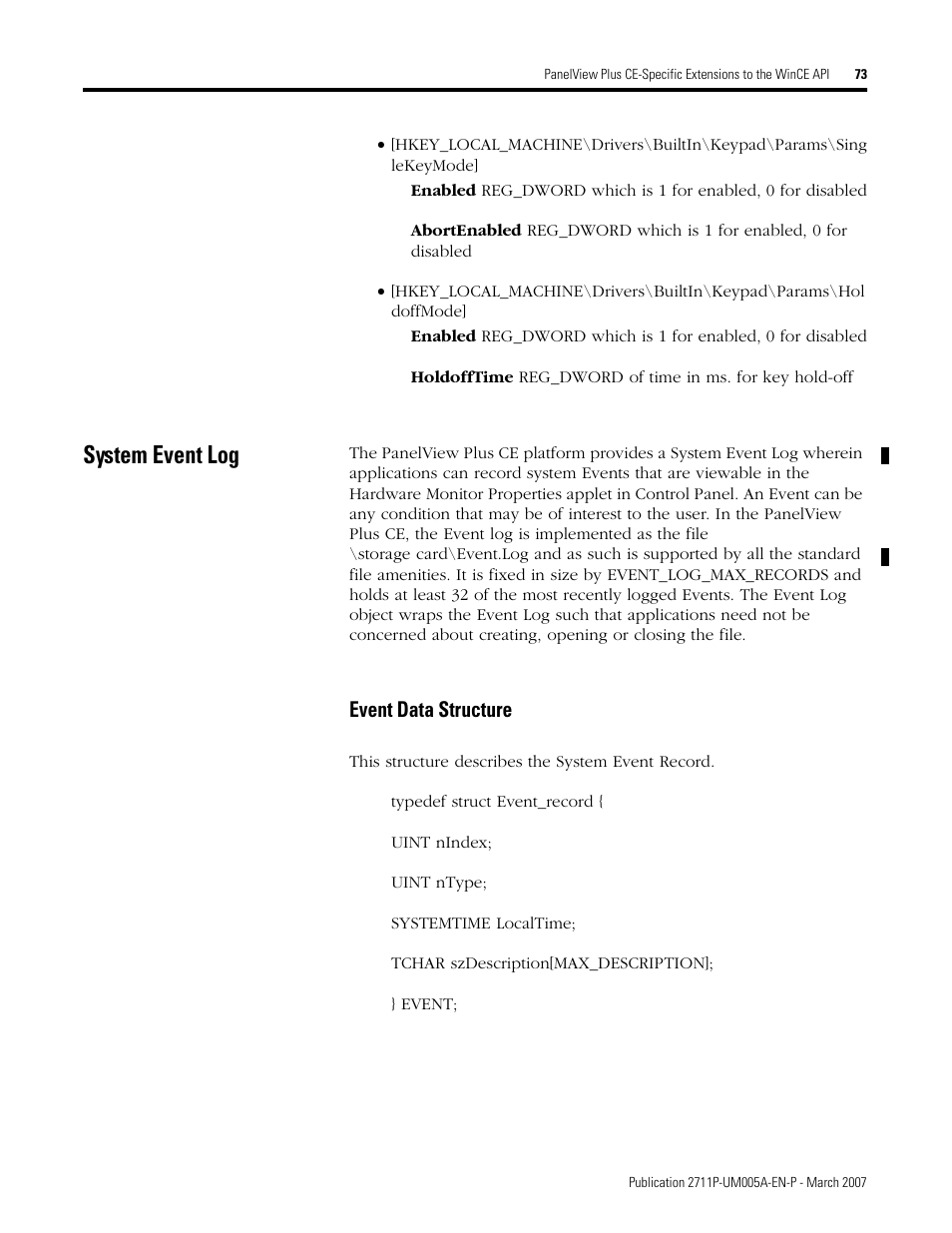 System event log, Event data structure | Rockwell Automation 2711P Software Development Kit User Manual User Manual | Page 73 / 104