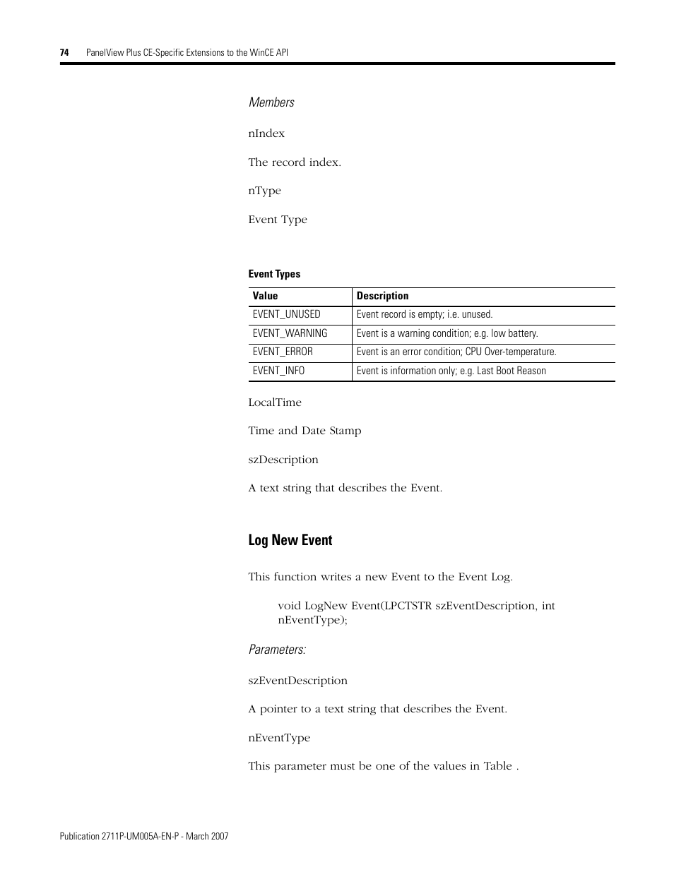 Log new event | Rockwell Automation 2711P Software Development Kit User Manual User Manual | Page 74 / 104