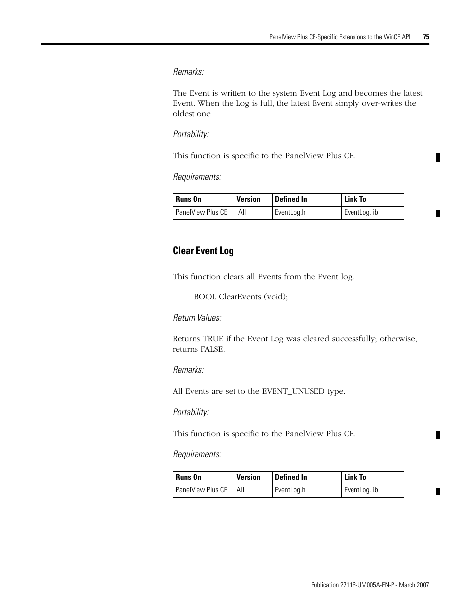 Clear event log | Rockwell Automation 2711P Software Development Kit User Manual User Manual | Page 75 / 104