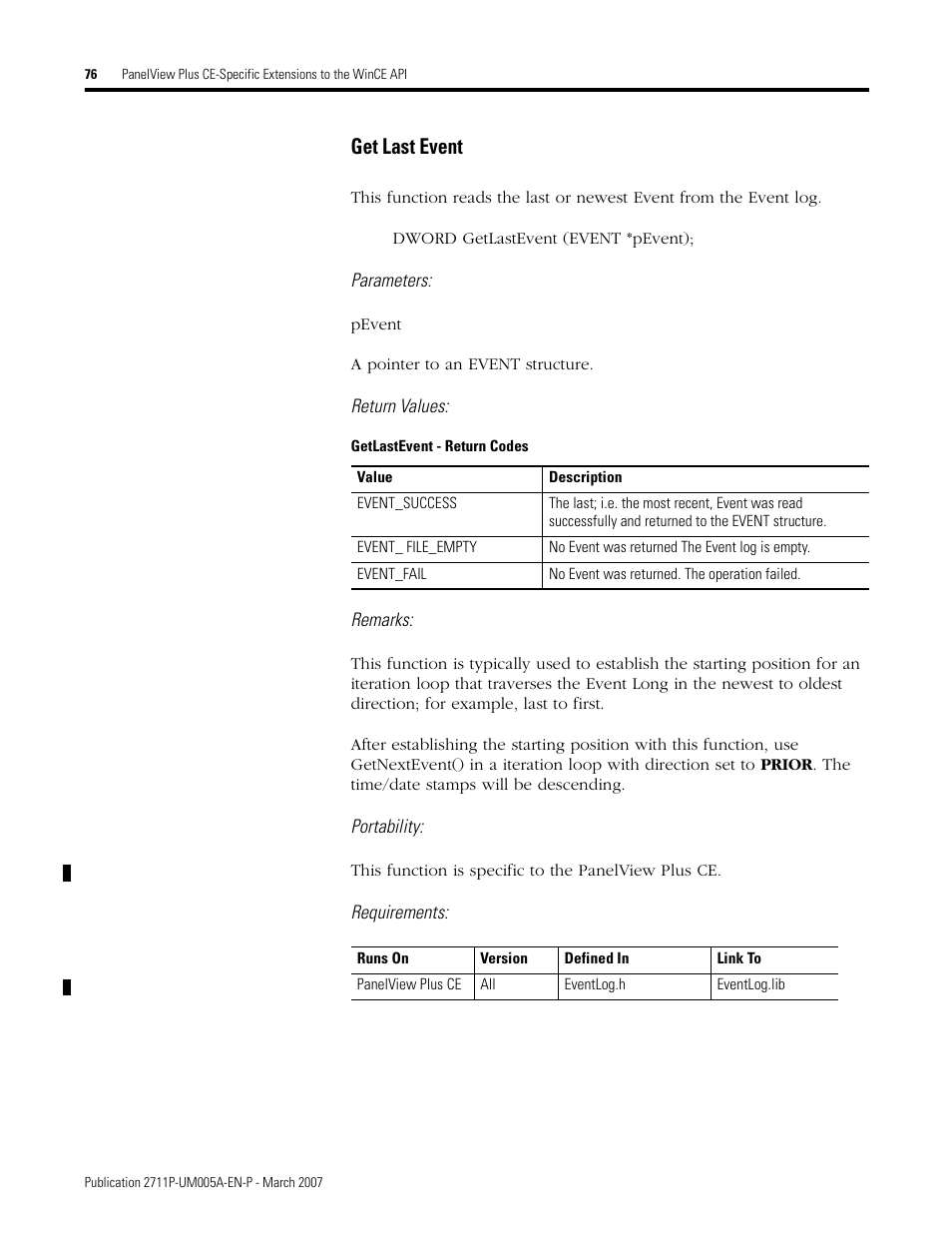 Get last event | Rockwell Automation 2711P Software Development Kit User Manual User Manual | Page 76 / 104