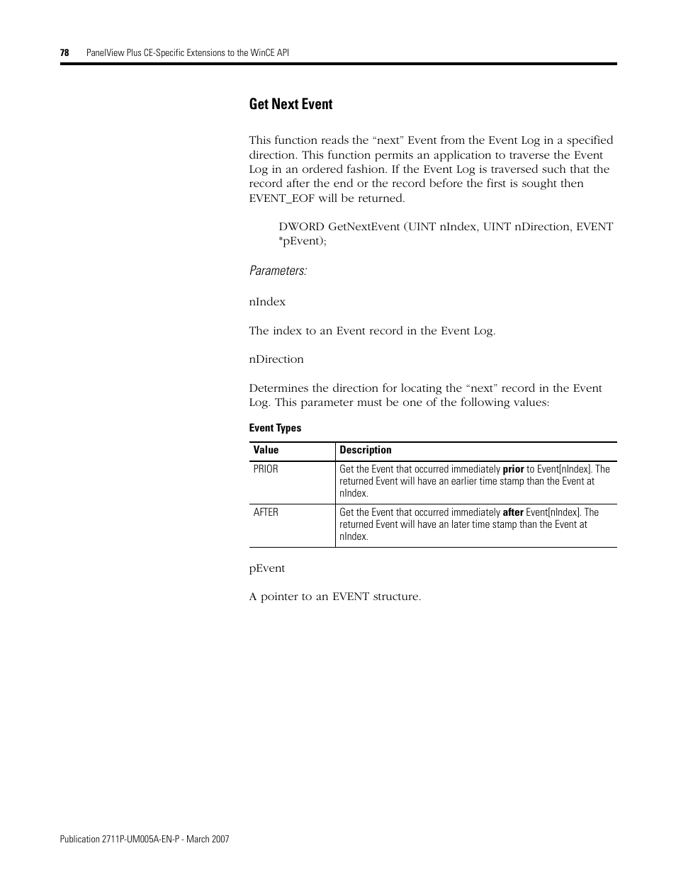 Get next event | Rockwell Automation 2711P Software Development Kit User Manual User Manual | Page 78 / 104