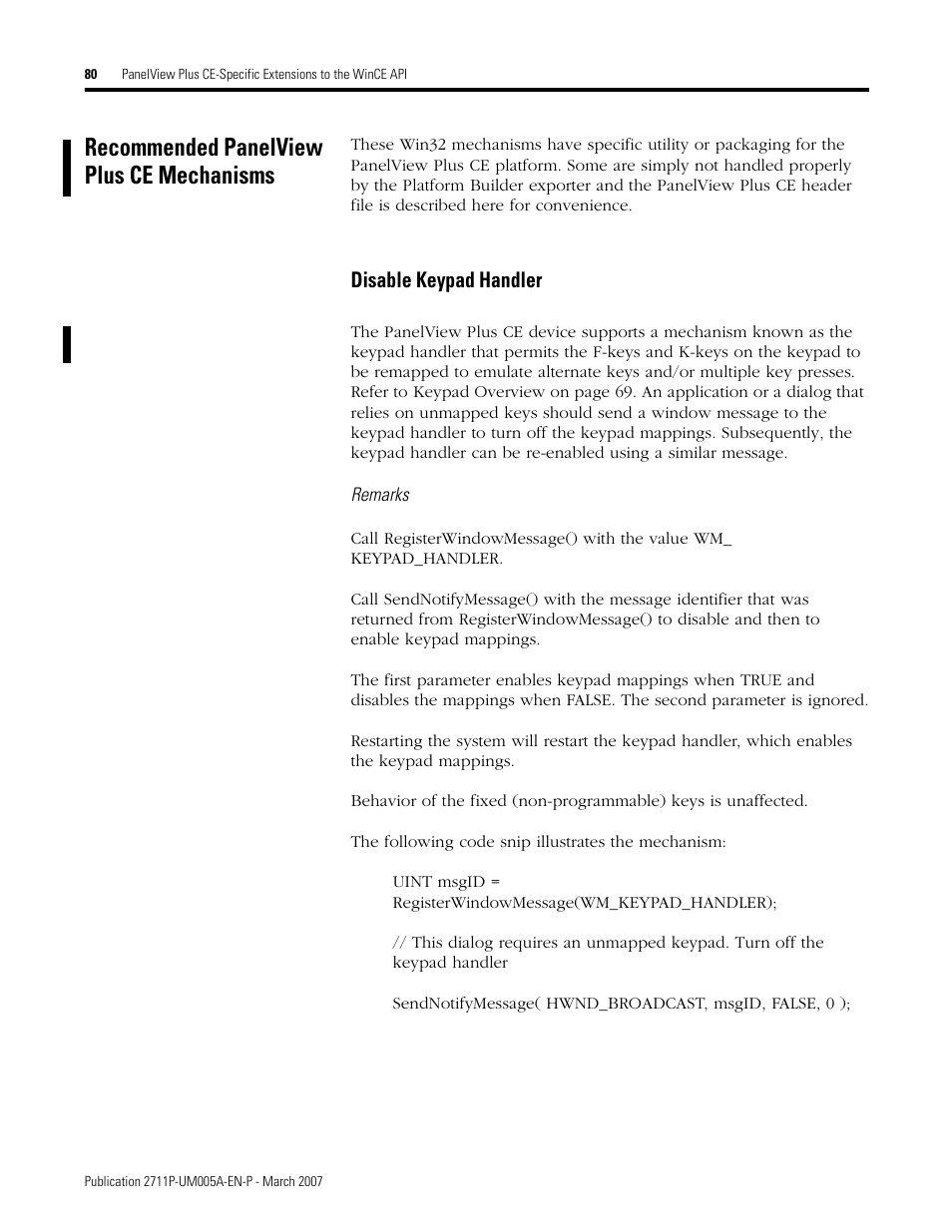 Recommended panelview plus ce mechanisms, Disable keypad handler | Rockwell Automation 2711P Software Development Kit User Manual User Manual | Page 80 / 104