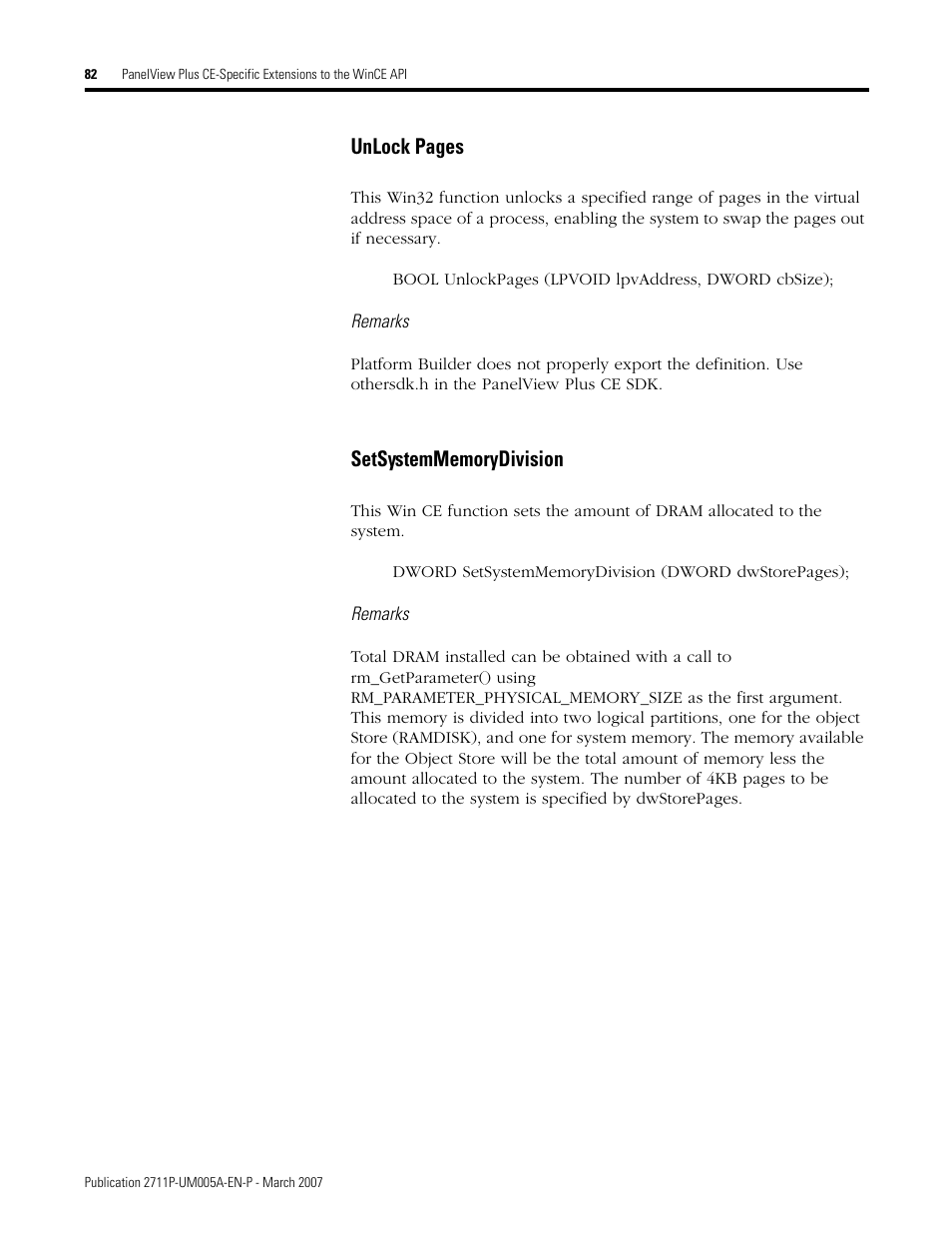 Setsystemmemorydivision, Unlock pages | Rockwell Automation 2711P Software Development Kit User Manual User Manual | Page 82 / 104