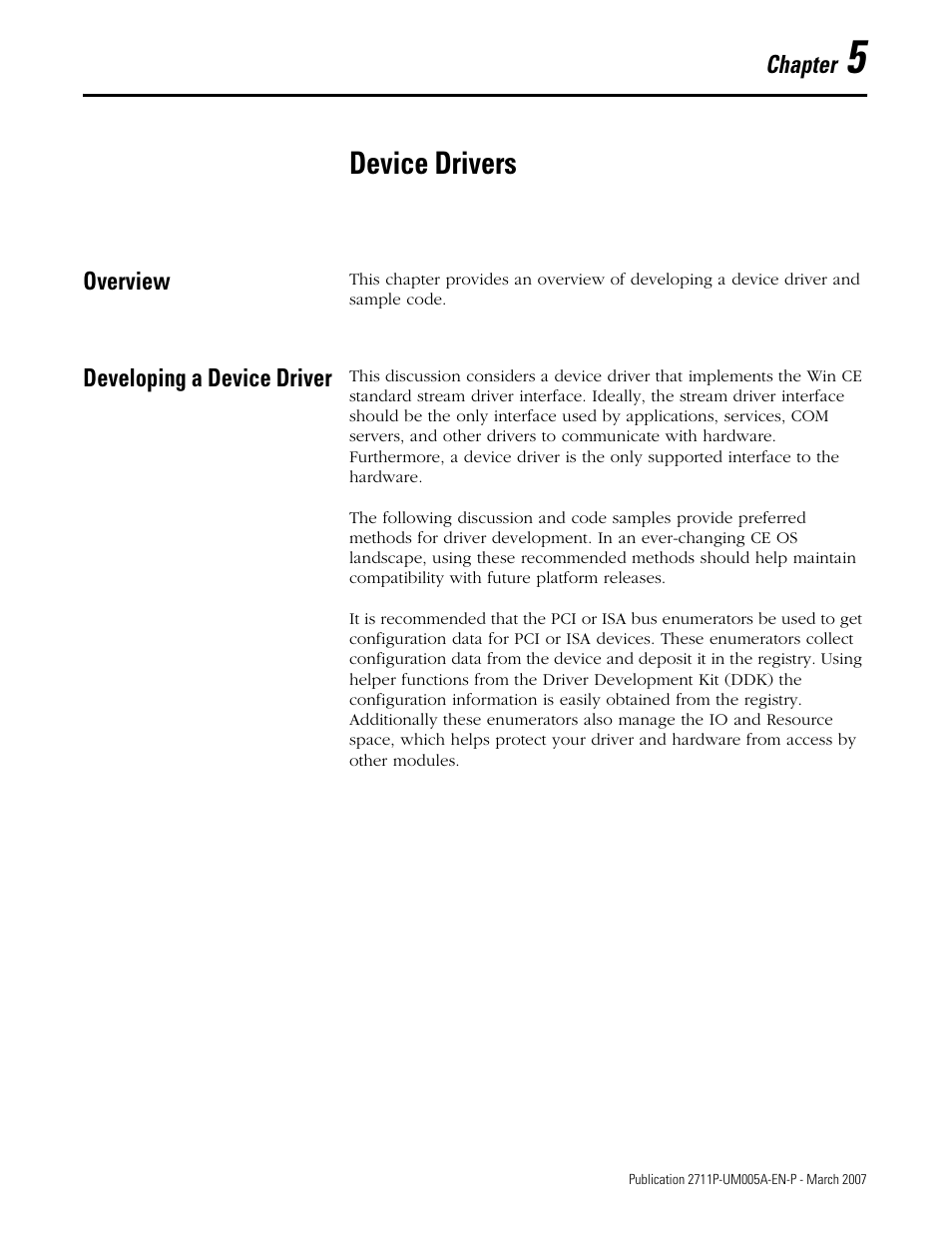 5 - device drivers, Overview, Developing a device driver | Chapter 5, Device drivers, Overview developing a device driver | Rockwell Automation 2711P Software Development Kit User Manual User Manual | Page 83 / 104