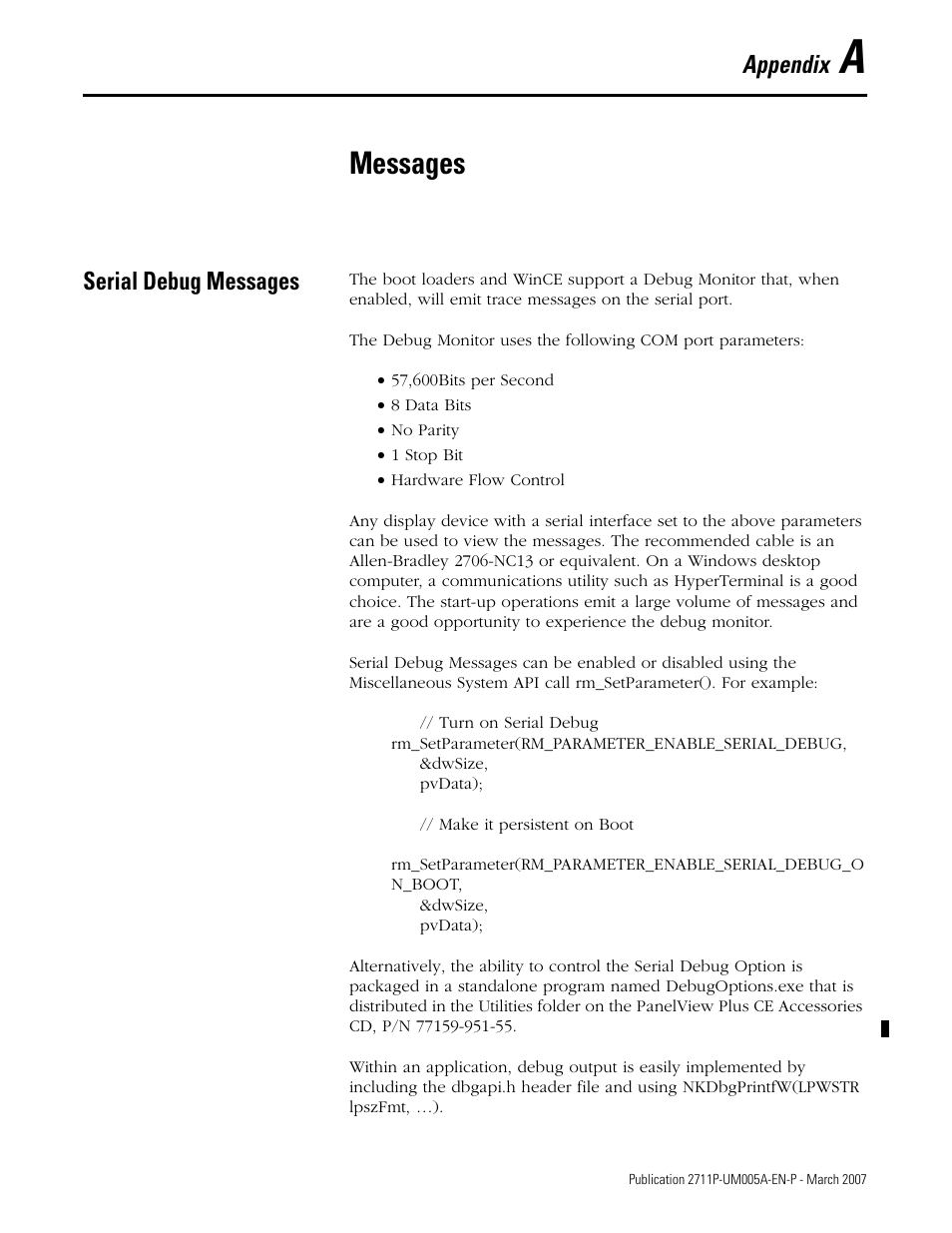 A - messages, Serial debug messages, Appendix a | Messages, Appendix | Rockwell Automation 2711P Software Development Kit User Manual User Manual | Page 97 / 104