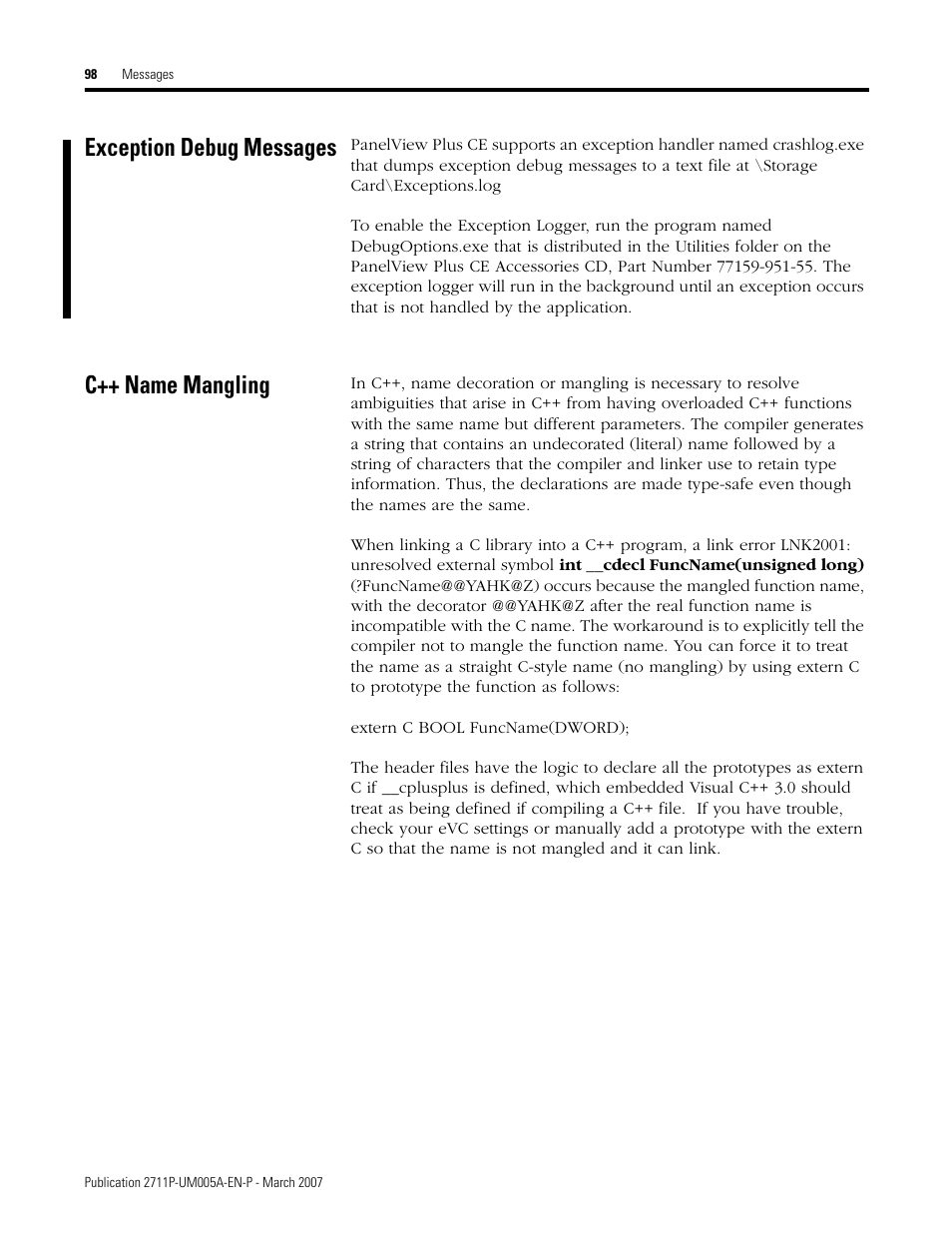 Exception debug messages, C++ name mangling, Exception debug messages c++ name mangling | Rockwell Automation 2711P Software Development Kit User Manual User Manual | Page 98 / 104