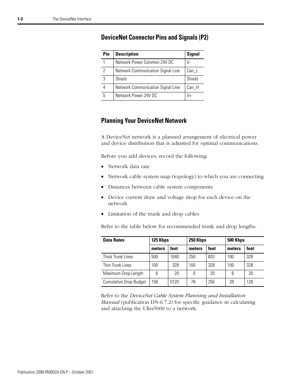 Devicenet connector pins and signals (p2), Planning your devicenet network | Rockwell Automation 2098-IPD-020-DN Ultra5000 Series Intelligent Positioning Drives with DeviceNet Reference Manual User Manual | Page 10 / 92