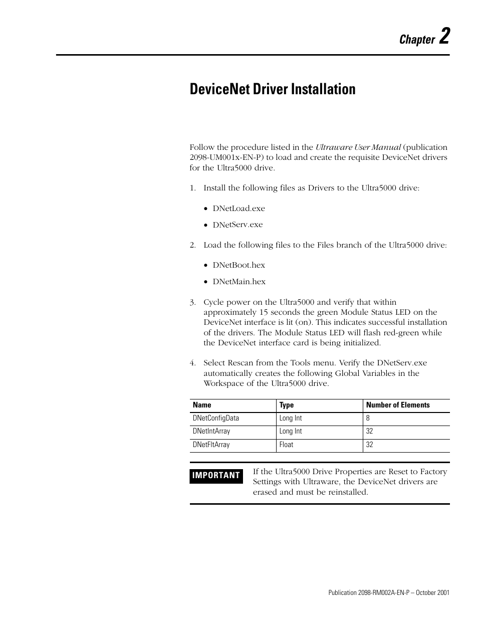 Devicenet driver installation, Chapter 2, Chapter | Rockwell Automation 2098-IPD-020-DN Ultra5000 Series Intelligent Positioning Drives with DeviceNet Reference Manual User Manual | Page 15 / 92