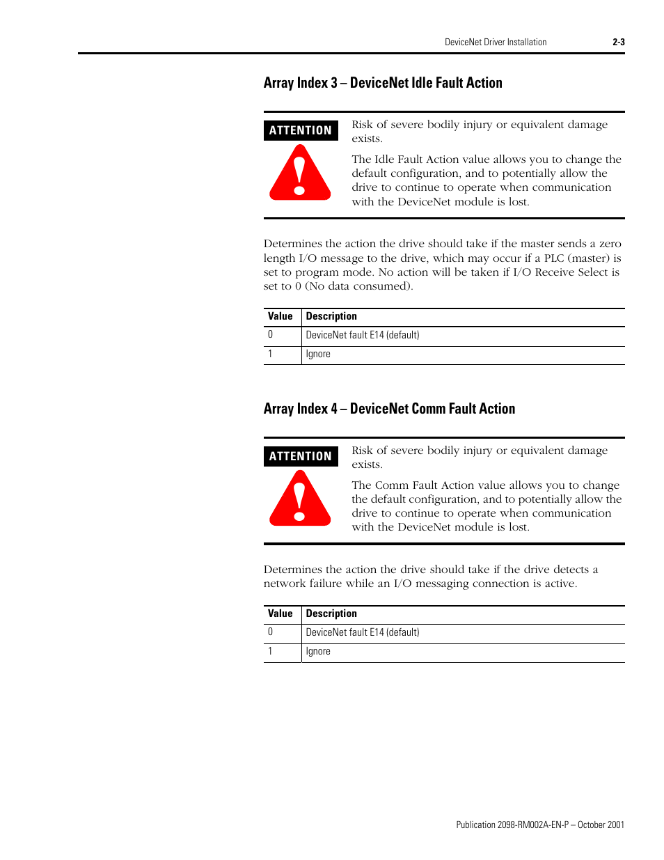 Array index 3 – devicenet idle fault action, Array index 4 – devicenet comm fault action | Rockwell Automation 2098-IPD-020-DN Ultra5000 Series Intelligent Positioning Drives with DeviceNet Reference Manual User Manual | Page 17 / 92