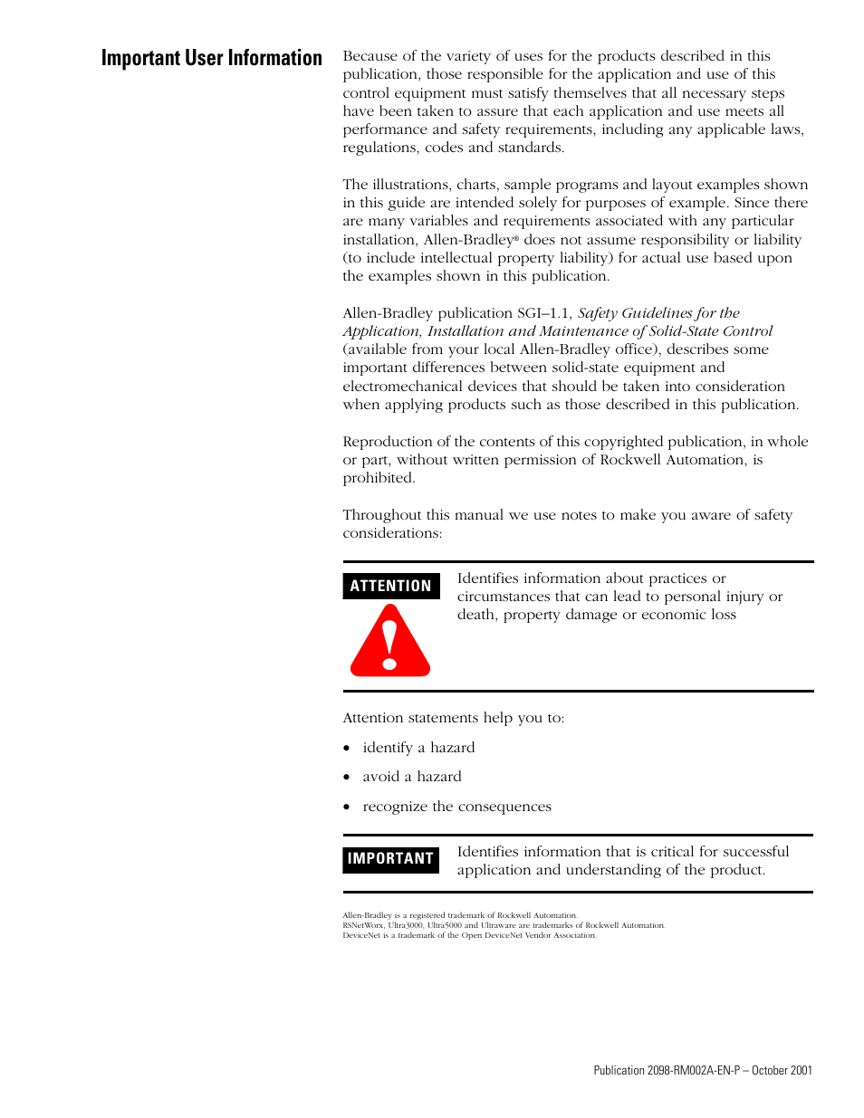 Important user information | Rockwell Automation 2098-IPD-020-DN Ultra5000 Series Intelligent Positioning Drives with DeviceNet Reference Manual User Manual | Page 2 / 92