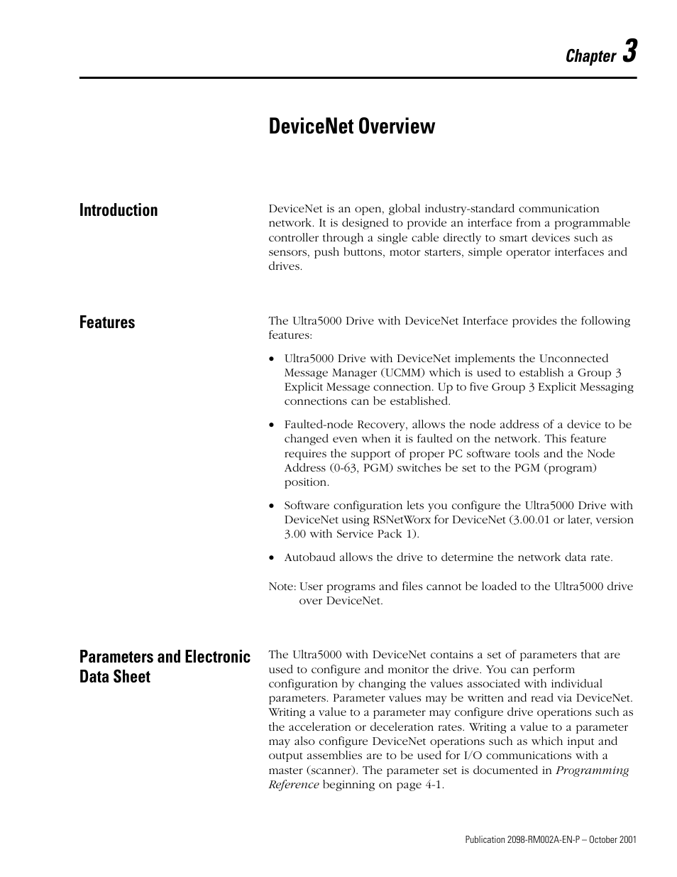 Devicenet overview, Introduction, Features | Parameters and electronic data sheet, Chapter 3 | Rockwell Automation 2098-IPD-020-DN Ultra5000 Series Intelligent Positioning Drives with DeviceNet Reference Manual User Manual | Page 21 / 92