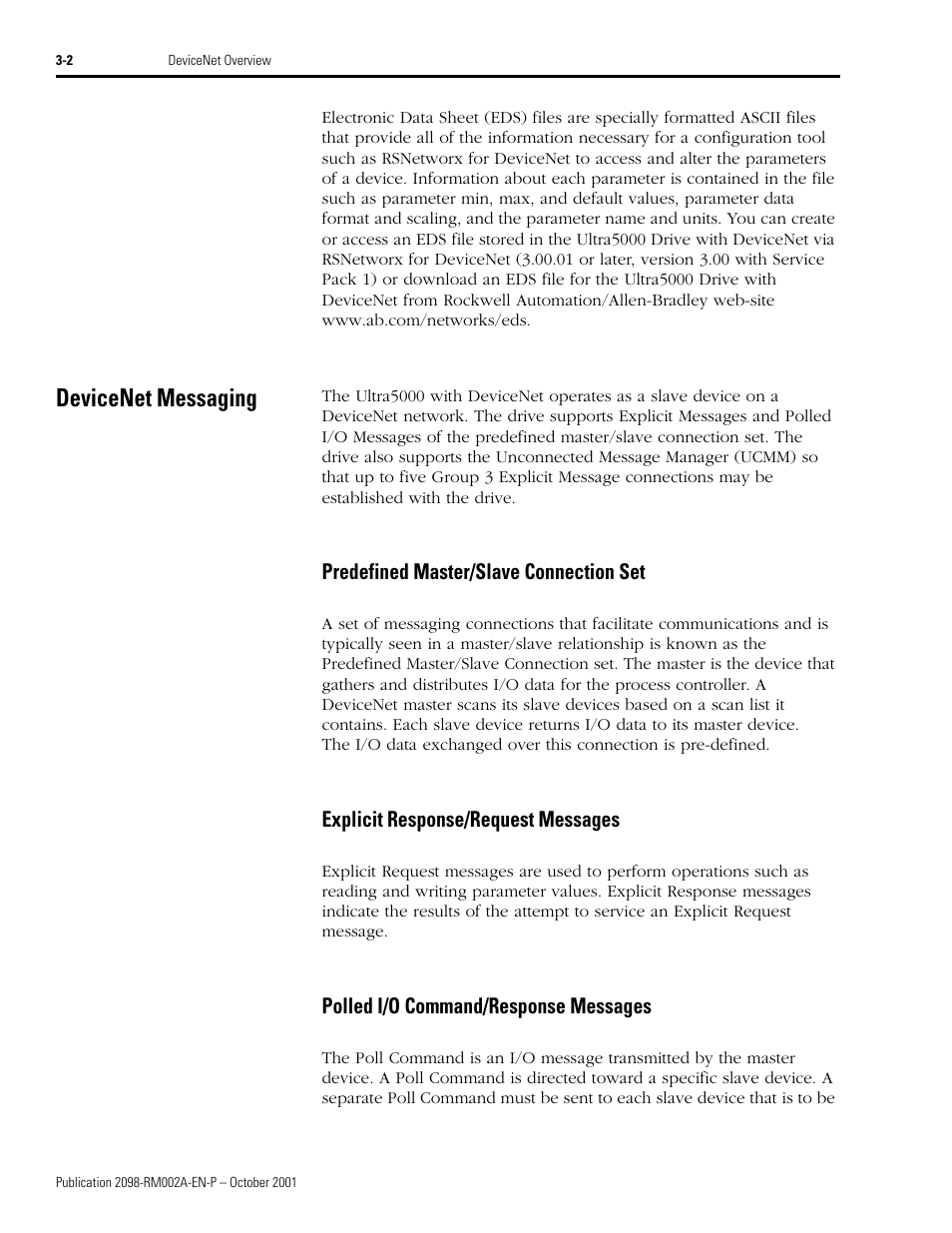 Devicenet messaging, Predefined master/slave connection set, Explicit response/request messages | Polled i/o command/response messages, Devicenet messaging -2 | Rockwell Automation 2098-IPD-020-DN Ultra5000 Series Intelligent Positioning Drives with DeviceNet Reference Manual User Manual | Page 22 / 92
