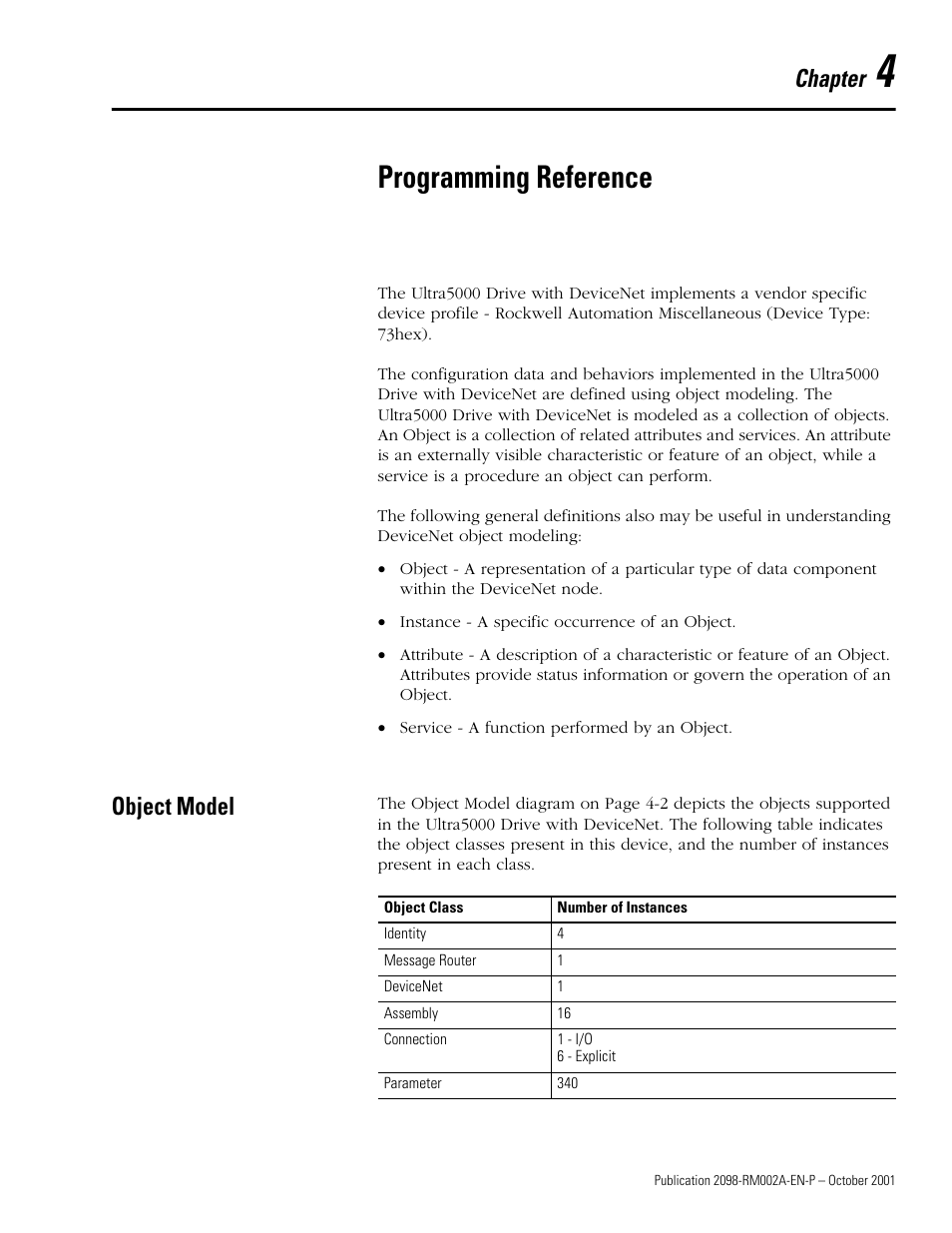 Programming reference, Object model, Chapter 4 | Object model -1, Chapter | Rockwell Automation 2098-IPD-020-DN Ultra5000 Series Intelligent Positioning Drives with DeviceNet Reference Manual User Manual | Page 25 / 92