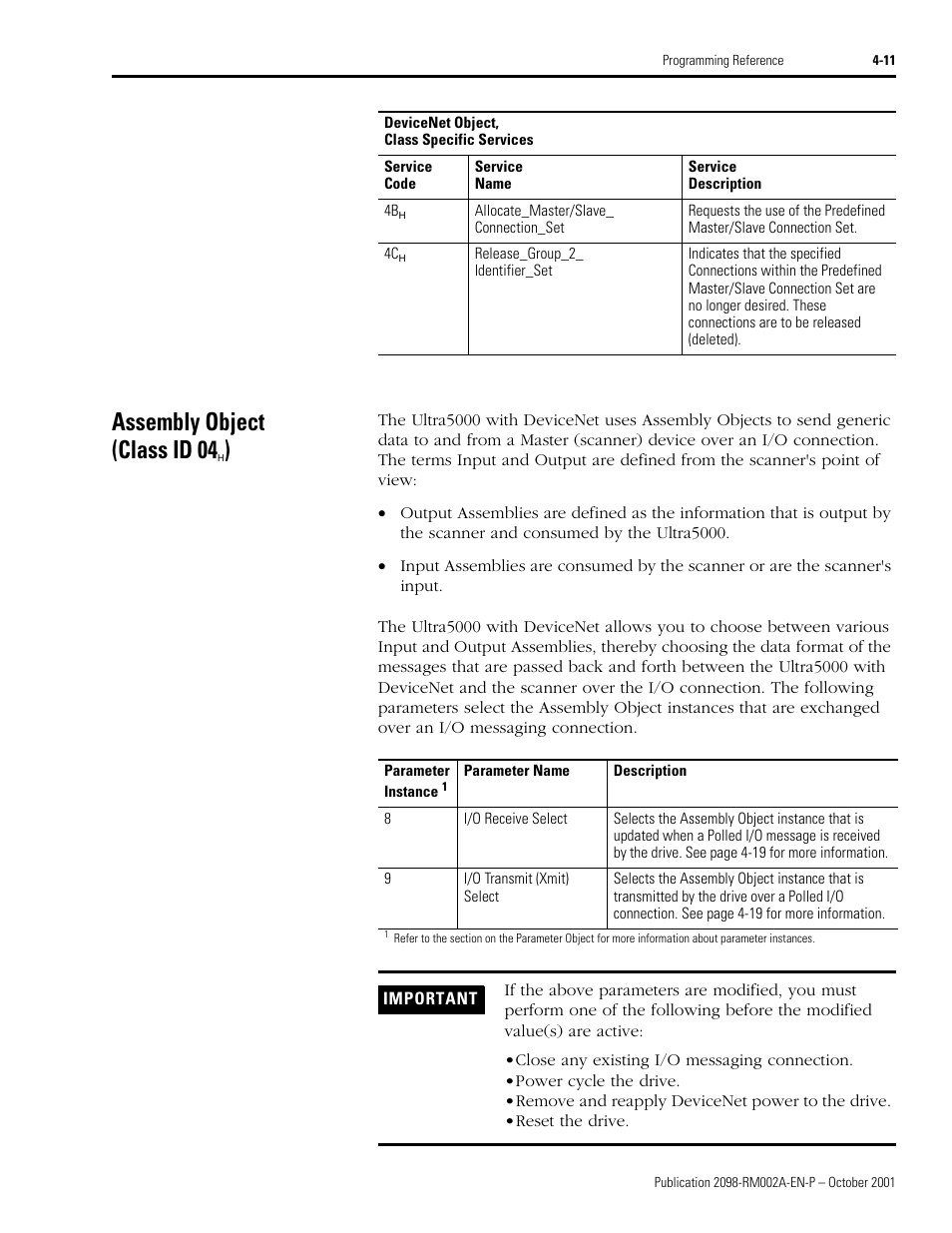 Assembly object (class id 04h), Assembly object (class id 04 | Rockwell Automation 2098-IPD-020-DN Ultra5000 Series Intelligent Positioning Drives with DeviceNet Reference Manual User Manual | Page 35 / 92