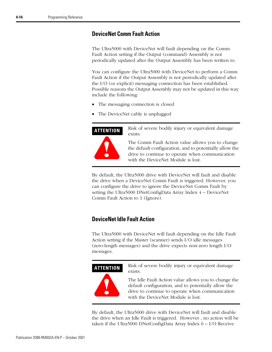 Devicenet comm fault action, Devicenet idle fault action | Rockwell Automation 2098-IPD-020-DN Ultra5000 Series Intelligent Positioning Drives with DeviceNet Reference Manual User Manual | Page 38 / 92