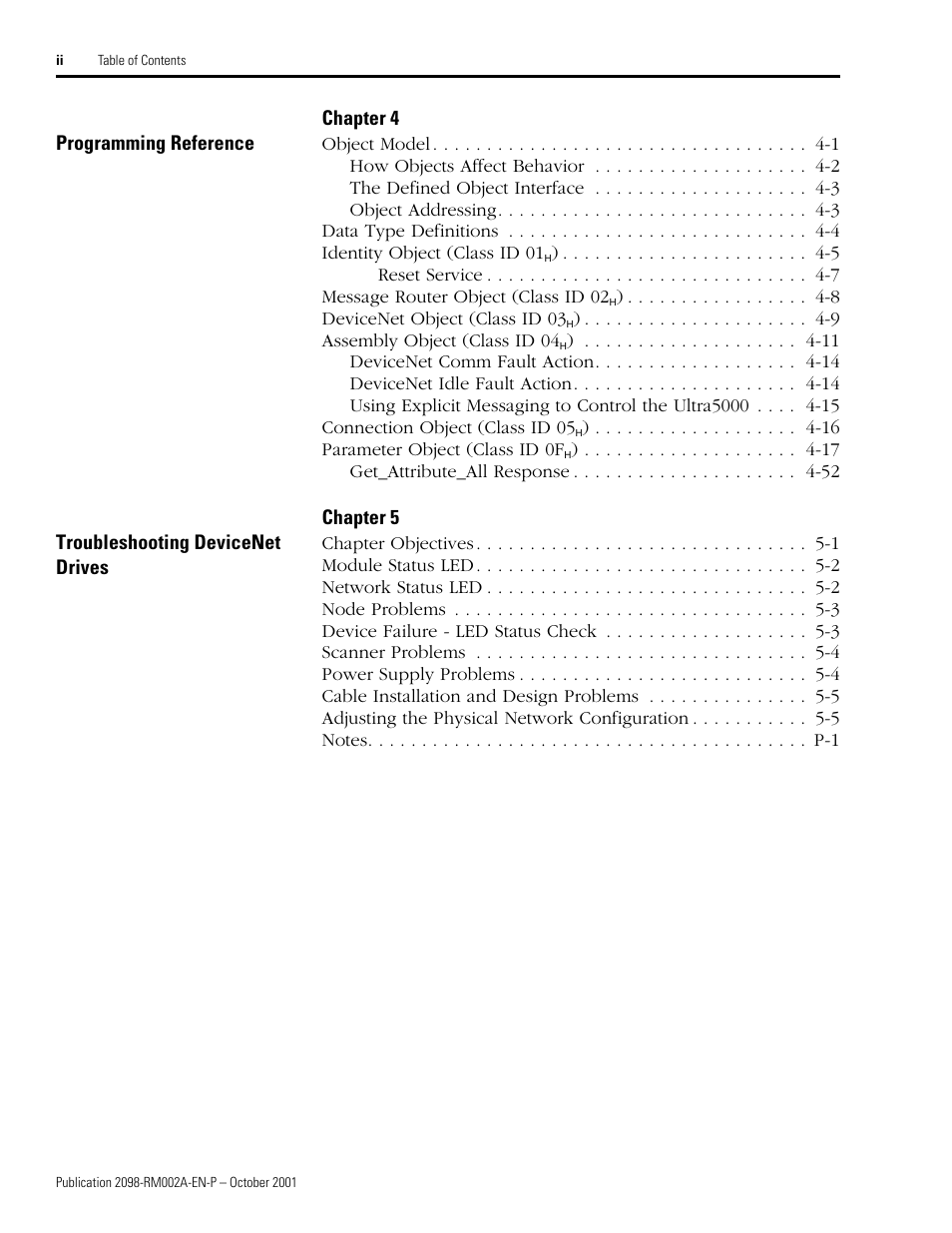 Chapter 4 programming reference, Chapter 5 troubleshooting devicenet drives | Rockwell Automation 2098-IPD-020-DN Ultra5000 Series Intelligent Positioning Drives with DeviceNet Reference Manual User Manual | Page 4 / 92