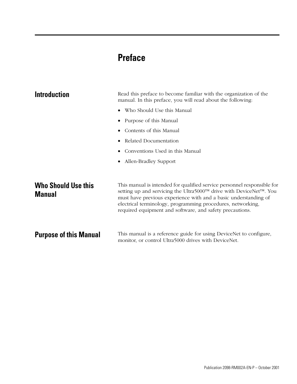 Preface, Introduction, Who should use this manual | Purpose of this manual | Rockwell Automation 2098-IPD-020-DN Ultra5000 Series Intelligent Positioning Drives with DeviceNet Reference Manual User Manual | Page 5 / 92