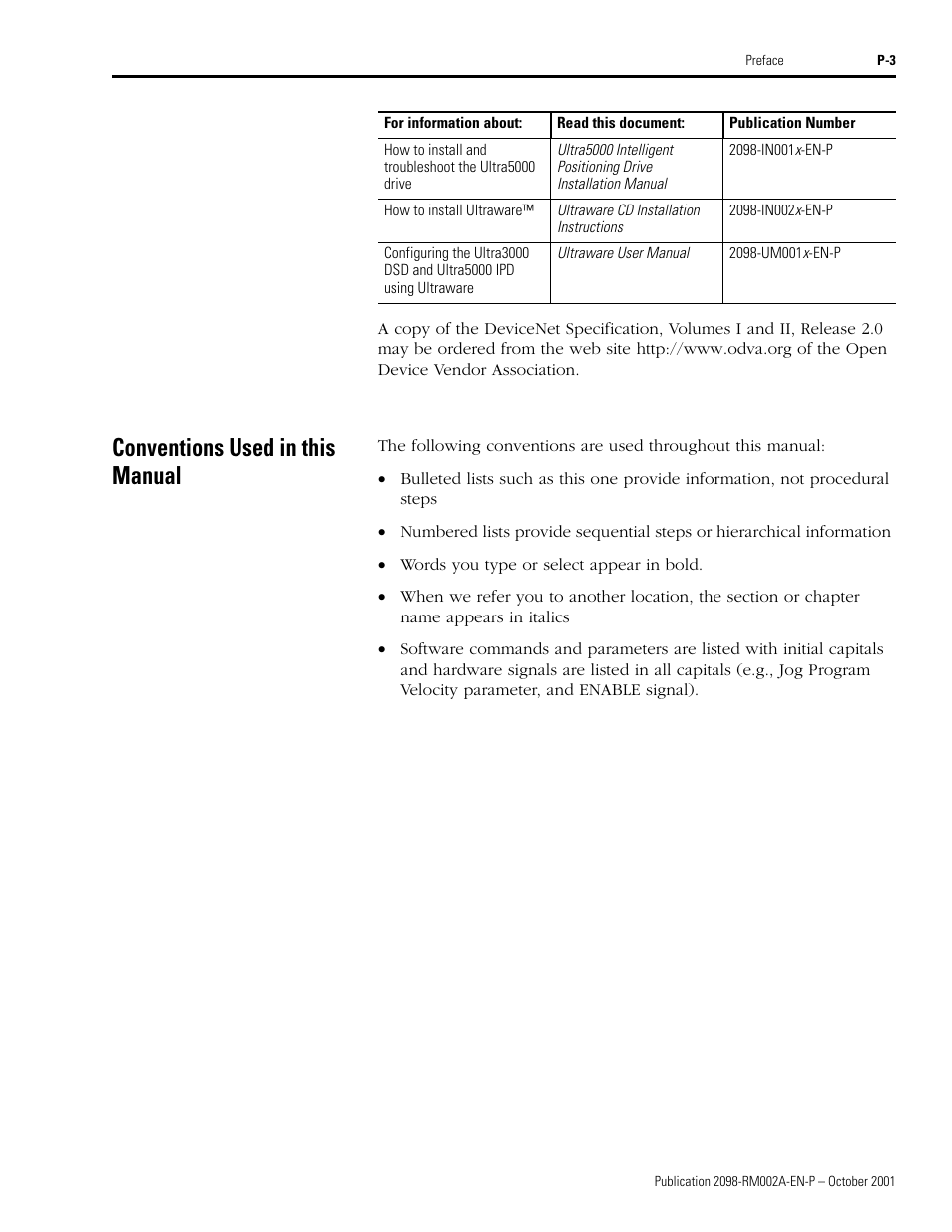 Conventions used in this manual | Rockwell Automation 2098-IPD-020-DN Ultra5000 Series Intelligent Positioning Drives with DeviceNet Reference Manual User Manual | Page 7 / 92