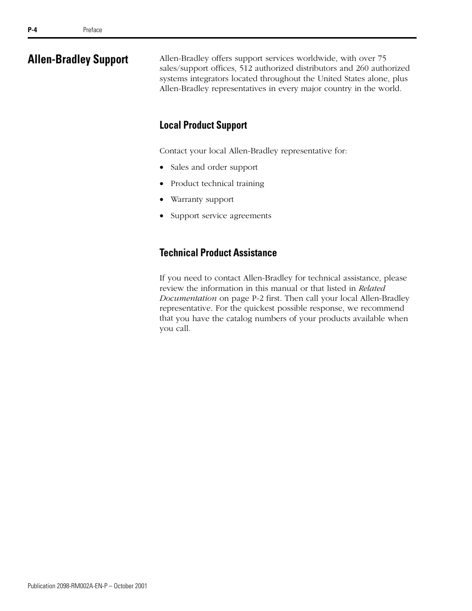 Allen-bradley support, Local product support, Technical product assistance | Rockwell Automation 2098-IPD-020-DN Ultra5000 Series Intelligent Positioning Drives with DeviceNet Reference Manual User Manual | Page 8 / 92