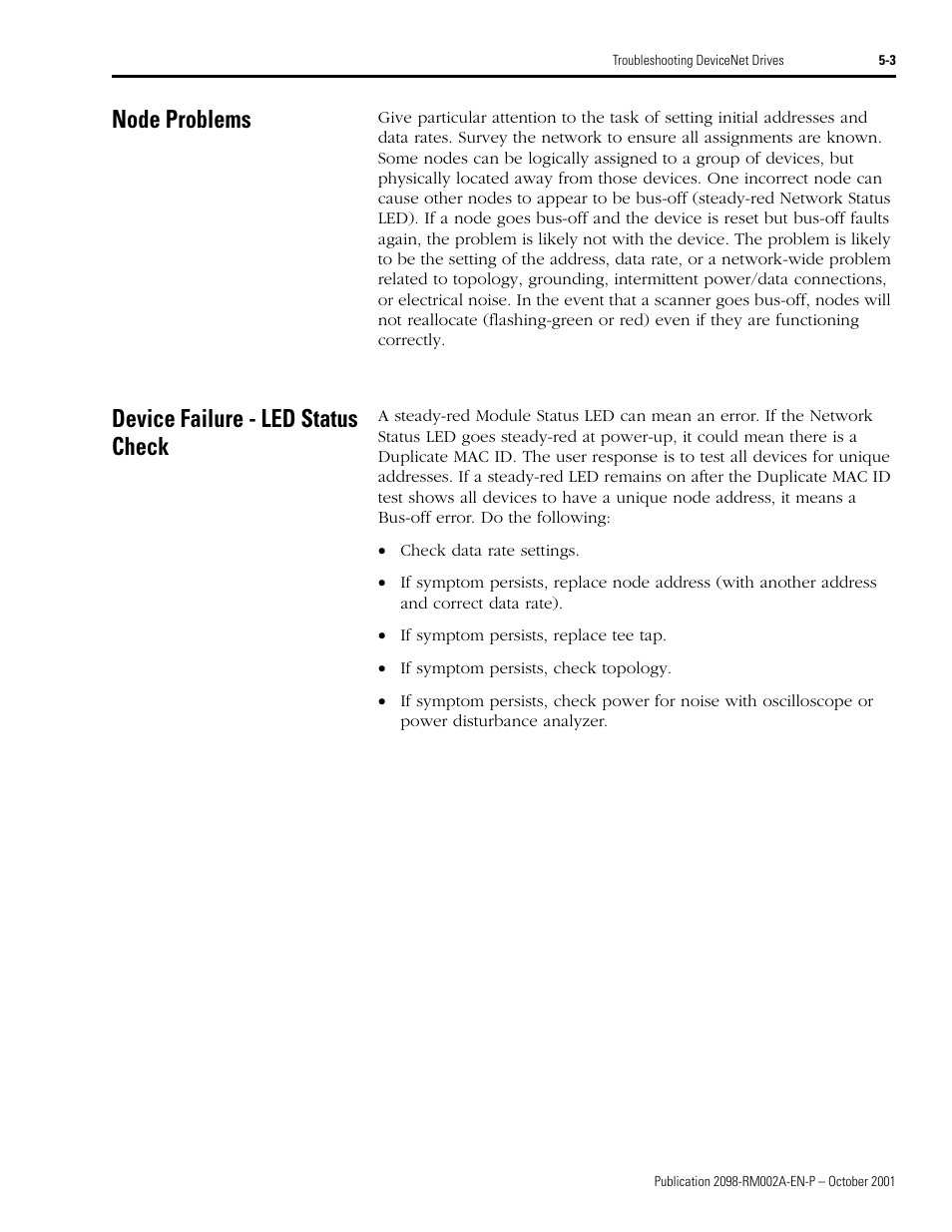 Node problems, Device failure - led status check | Rockwell Automation 2098-IPD-020-DN Ultra5000 Series Intelligent Positioning Drives with DeviceNet Reference Manual User Manual | Page 81 / 92