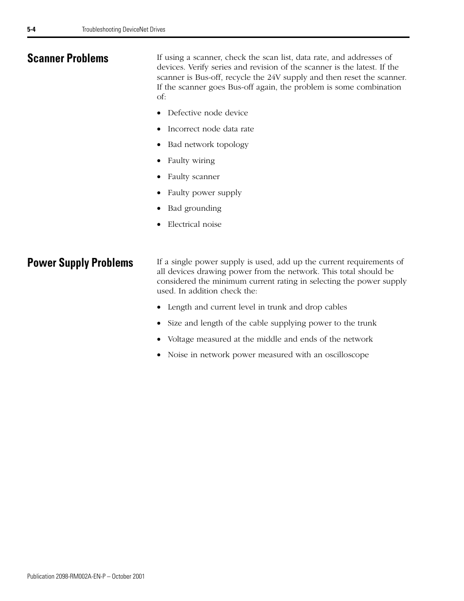 Scanner problems, Power supply problems, Scanner problems -4 power supply problems -4 | Rockwell Automation 2098-IPD-020-DN Ultra5000 Series Intelligent Positioning Drives with DeviceNet Reference Manual User Manual | Page 82 / 92