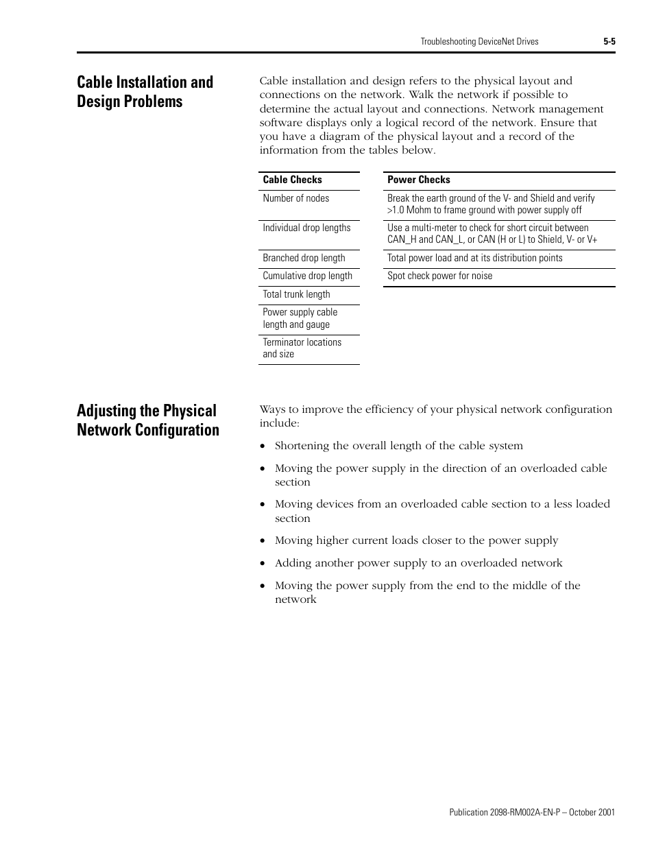 Cable installation and design problems, Adjusting the physical network configuration | Rockwell Automation 2098-IPD-020-DN Ultra5000 Series Intelligent Positioning Drives with DeviceNet Reference Manual User Manual | Page 83 / 92