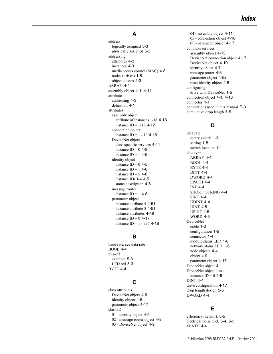 Index | Rockwell Automation 2098-IPD-020-DN Ultra5000 Series Intelligent Positioning Drives with DeviceNet Reference Manual User Manual | Page 85 / 92