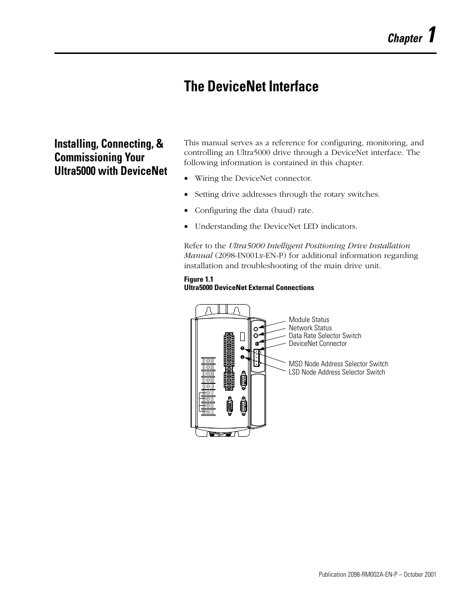 The devicenet interface, Chapter 1, Chapter | Rockwell Automation 2098-IPD-020-DN Ultra5000 Series Intelligent Positioning Drives with DeviceNet Reference Manual User Manual | Page 9 / 92