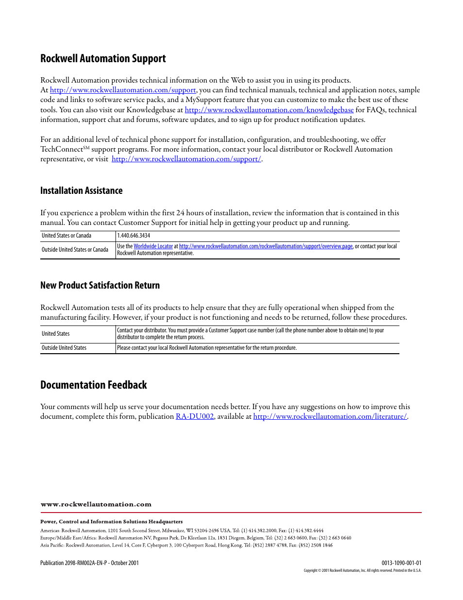 Back cover, Rockwell automation support, Documentation feedback | Installation assistance, New product satisfaction return | Rockwell Automation 2098-IPD-020-DN Ultra5000 Series Intelligent Positioning Drives with DeviceNet Reference Manual User Manual | Page 92 / 92