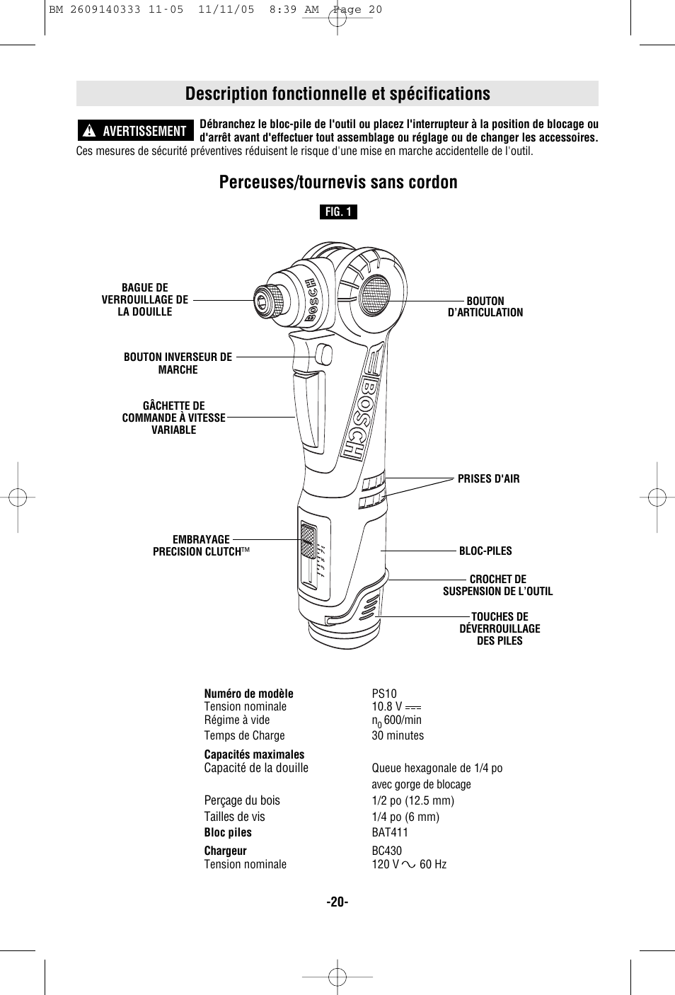 Description fonctionnelle et spécifications, Perceuses/tournevis sans cordon | Bosch PS10 User Manual | Page 20 / 40