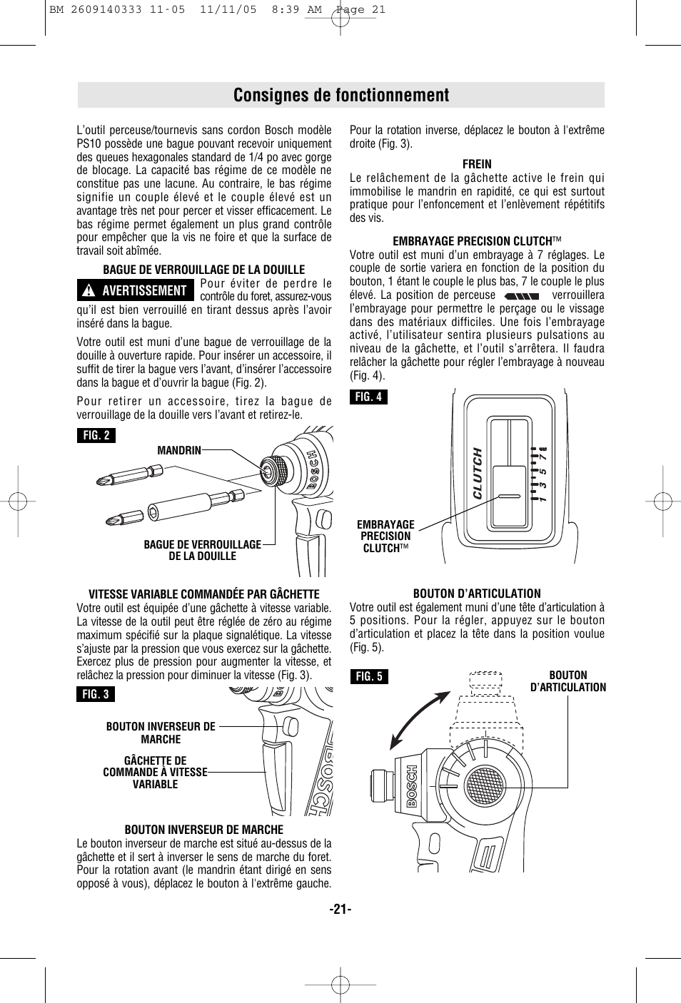 Consignes de fonctionnement | Bosch PS10 User Manual | Page 21 / 40