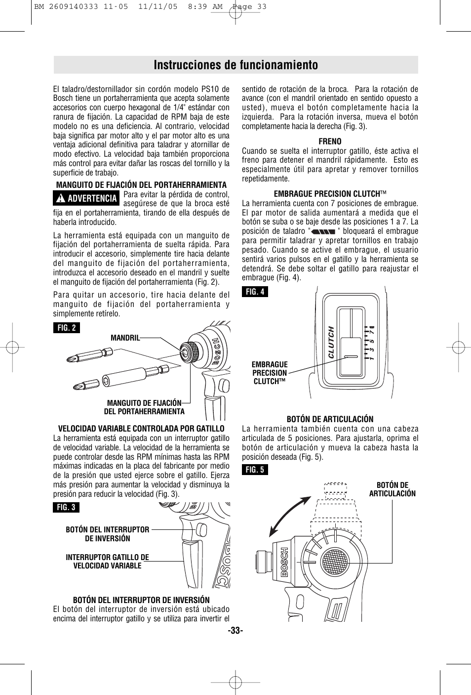 Instrucciones de funcionamiento | Bosch PS10 User Manual | Page 33 / 40