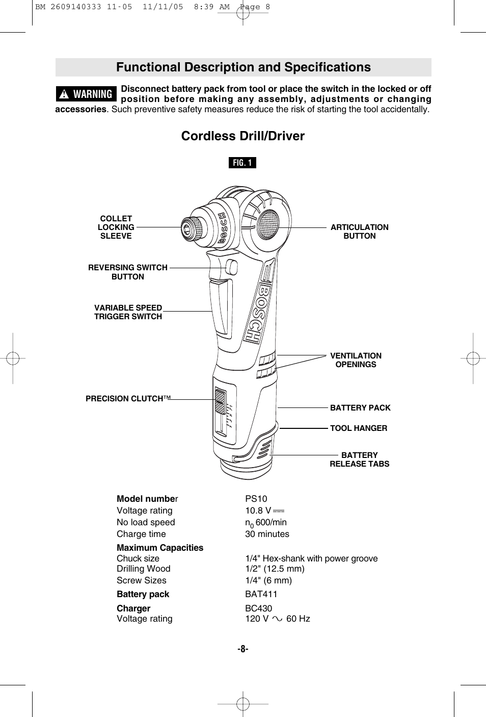 Functional description and specifications, Cordless drill/driver | Bosch PS10 User Manual | Page 8 / 40