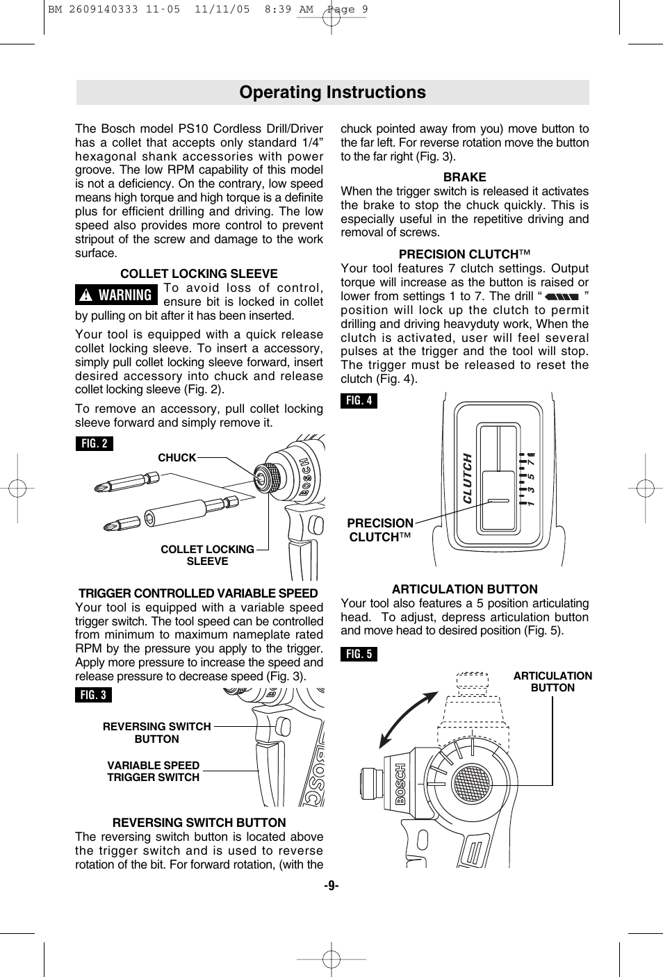 Operating instructions | Bosch PS10 User Manual | Page 9 / 40