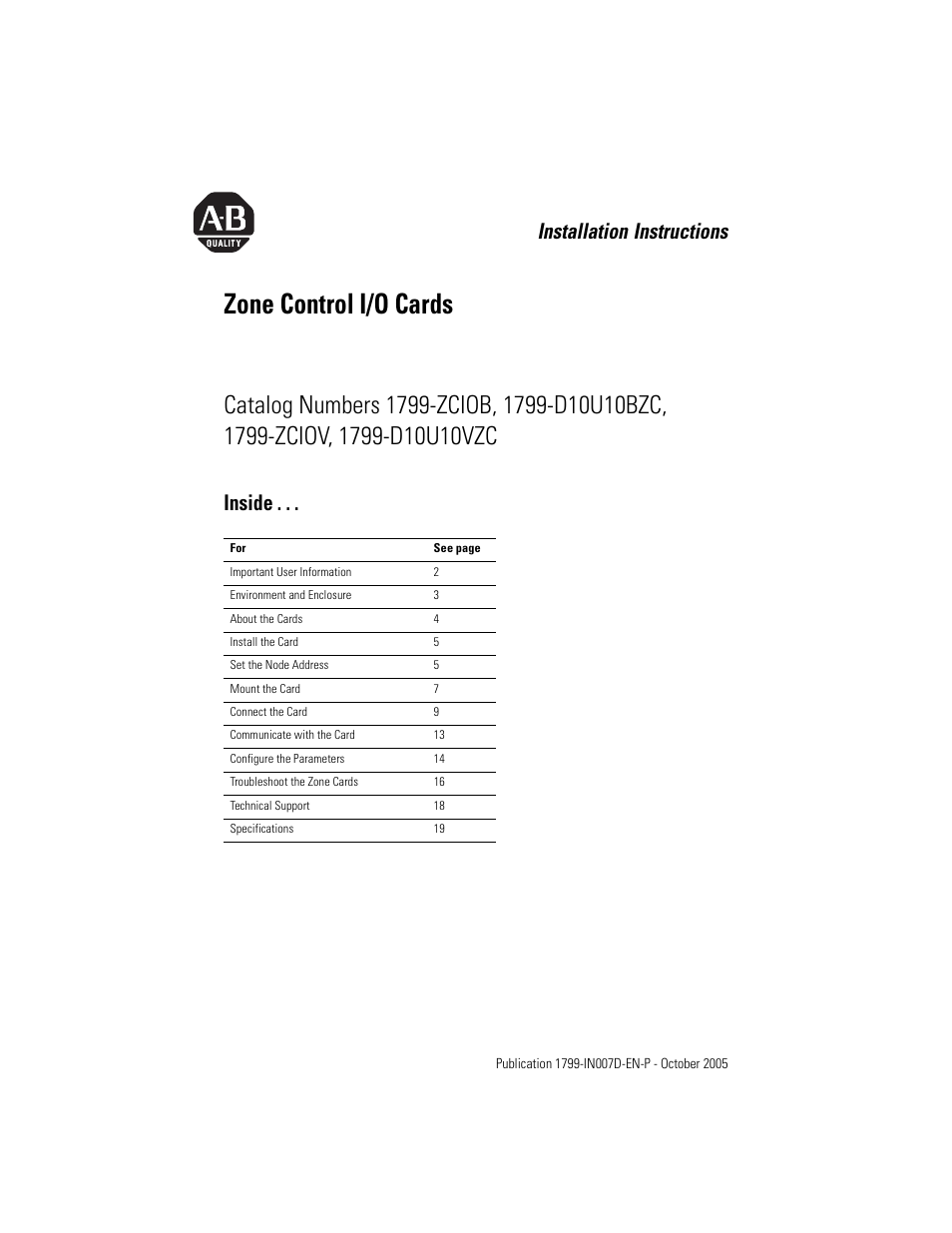 Rockwell Automation 1799-D10U10VZC Zone Control I/O Cards  User Manual | 24 pages