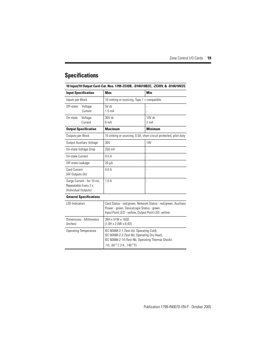 Specifications | Rockwell Automation 1799-D10U10VZC Zone Control I/O Cards  User Manual | Page 19 / 24