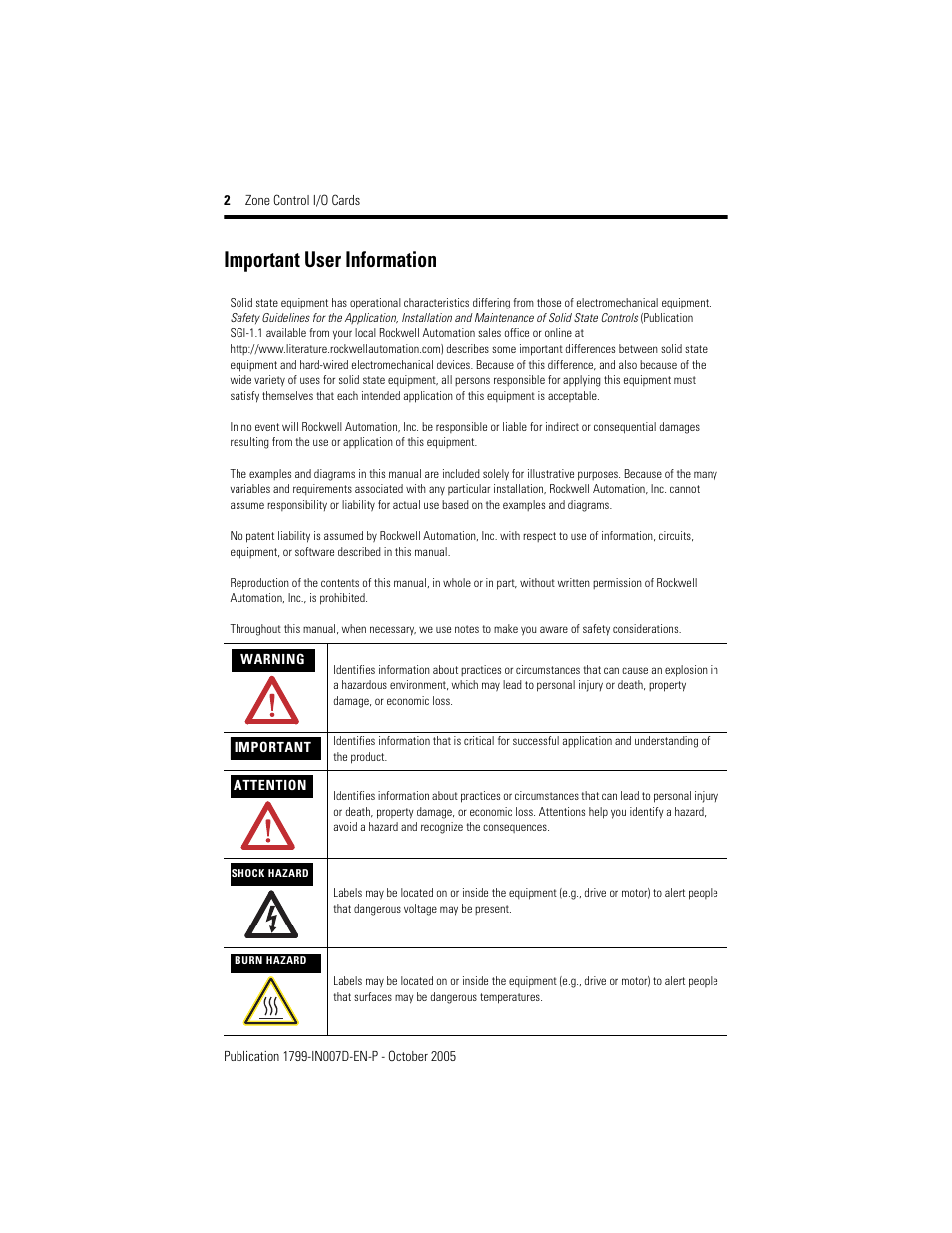 Important user information | Rockwell Automation 1799-D10U10VZC Zone Control I/O Cards  User Manual | Page 2 / 24