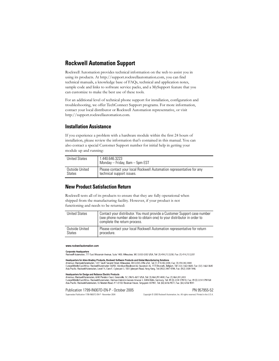 Back cover, Rockwell automation support, Installation assistance | New product satisfaction return | Rockwell Automation 1799-D10U10VZC Zone Control I/O Cards  User Manual | Page 24 / 24